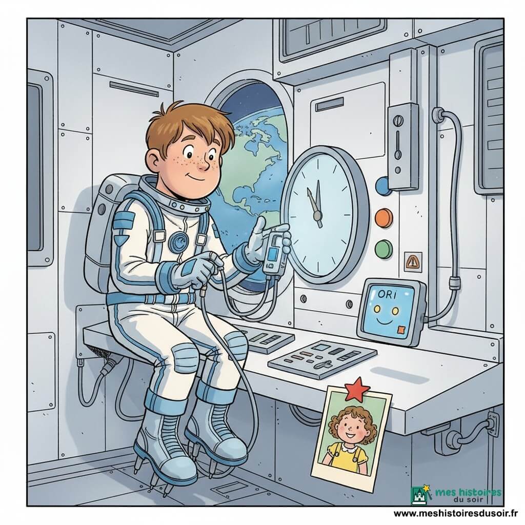 Jeune commandant concentré au visage rond et taches de rousseur, cheveux châtain courts, en combinaison spatiale blanche et bleue à bandes réfléchissantes, est accroché au sol par bottes magnétiques, tient une petite clé argentée et un boîtier lumineux relié à une grande horloge ronde qu'il règle en appuyant sur un bouton; sur la console, une photo aimantée d'une fillette de six ans aux cheveux bouclés en robe jaune sourit, et ORI, l'ordinateur de bord non humain, apparaît comme un petit écran rectangulaire bleu souriant avec yeux lumineux projetant une icône d'alerte orange; la scène se déroule dans la salle de contrôle métallique d'une station spatiale aux murs blancs et panneaux gris, câbles fins et grand hublot montrant la Terre, tandis qu'une lumière bleue de synchronisation, un voyant orange et un voyant vert de confirmation signalent la correction de l'horloge, ambiance rassurante, éclairage doux, couleurs vives et traits nets, style lignes propres et grands aplats, adapté aux enfants.