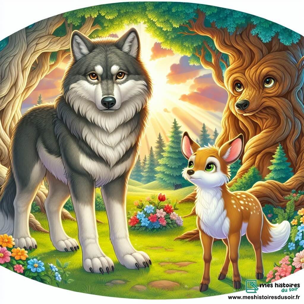 Illustration d'un grand loup gris, aux yeux perçants et à l'expression triste mais déterminée, au centre d'une clairière entourée d'arbres noueux et de buissons colorés, sous des rayons de soleil filtrant. À proximité, une biche au pelage brun clair, aux yeux doux et inquiets, observe le loup avec curiosité et méfiance. Un renard flamboyant, confiant, se tient à côté de la biche, semblant la rassurer. La clairière verdoyante, parsemée de fleurs, dégage une atmosphère paisible. Le loup, bien que redouté, cherche à prouver qu'il n'est pas un monstre, tandis que la biche et le renard l'écoutent, symbolisant l'espoir d'une amitié. Des oiseaux chantent, des rayons de lumière dorée illuminent la scène, et des feuilles tombent doucement, ajoutant sérénité à cette rencontre.