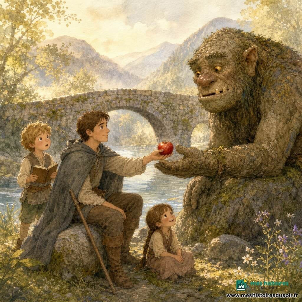 Gaspard, jeune homme au visage franc, cheveux bruns courts, cape grise, assis sur une pierre au bord d’un vieux pont en pierre, tend une pomme rouge brillante vers un troll massif à peau d’écorce tandis qu’il conte une histoire; un garçon coiffé en bataille tient un carnet ouvert derrière lui et une fillette en tresse, assise près des pieds de Gaspard, rit doucement en regardant le troll; le gué, la rivière claire, les rives mousseuses, les montagnes et les arbres baignent dans une lumière dorée matinale et une brume légère; scène calme et chaleureuse d’amitié, couleurs douces aquarelle et textures granuleuses, composition centrée sur l’échange et les touches de lumière sur la pomme et les visages.