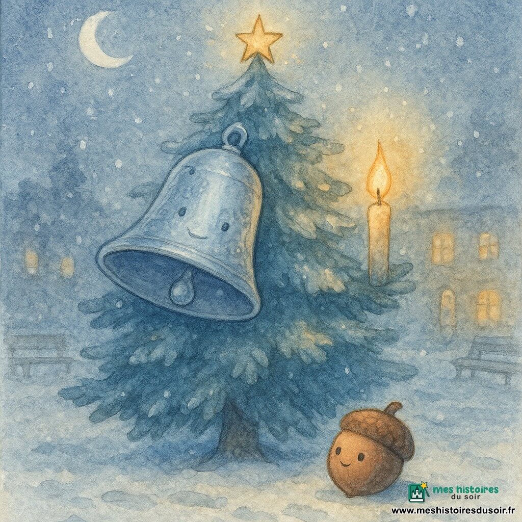 Lila, petite cloche d'argent brillante au sommet d'un grand sapin enneigé sur la place du village, tinte doucement; une bougie mince posée sur une branche projette une flamme dorée autour d'elle, un gland rond au pied du sapin lève les yeux avec espoir, une étoile minuscule couronne l'arbre tandis que des flocons tourbillonnent, ambiance intime et féerique de Noël rendue en aquarelle aux lavis bleutés et touches or-ambre.