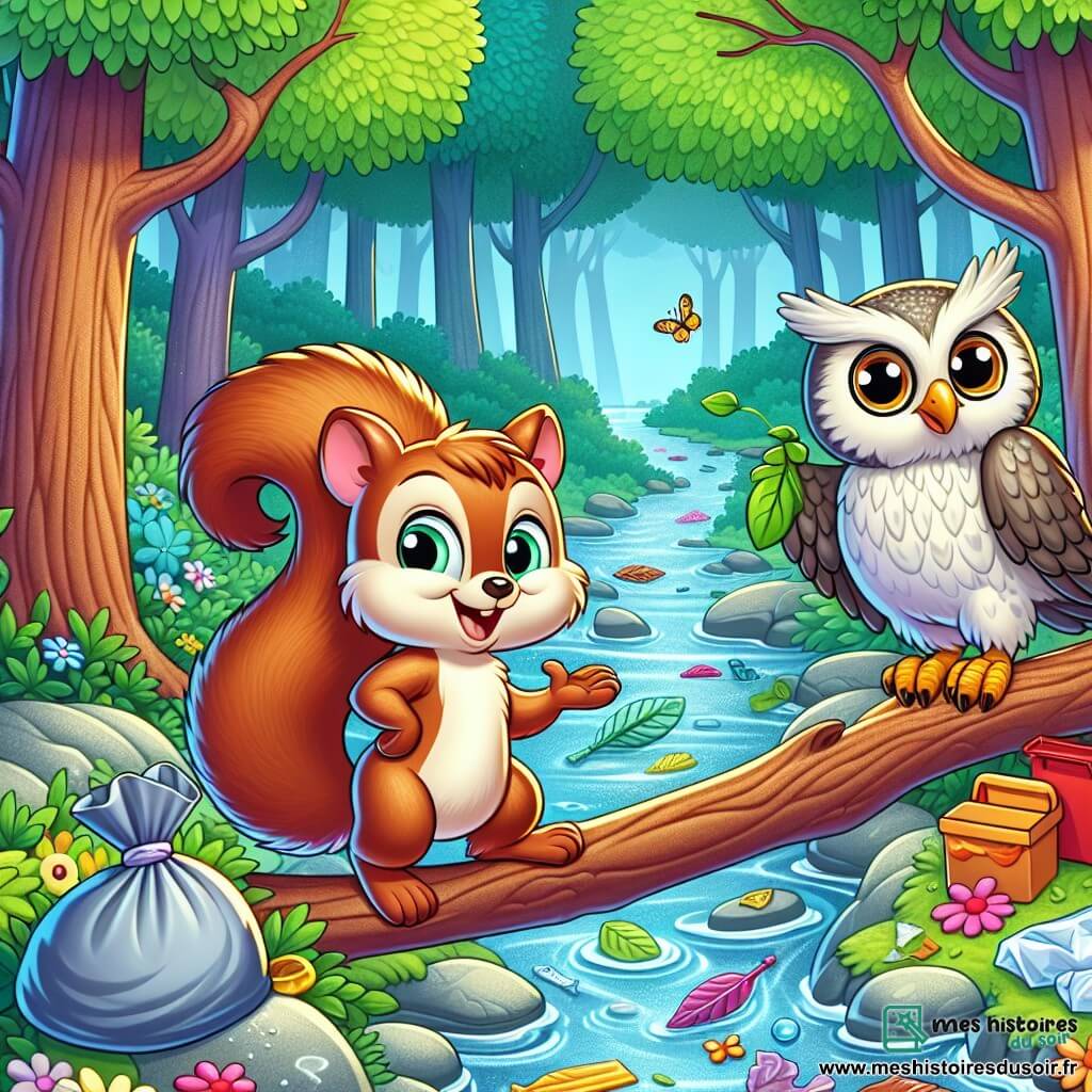 Léo, un petit écureuil brun à la fourrure douce et aux yeux pétillants, se tient sur une branche d'arbre, souriant avec enthousiasme. Sa queue touffue se balance derrière lui alors qu'il regarde le ruisseau. À côté, Tim le hibou, avec de grandes lunettes rondes et des plumes grises, observe attentivement avec une expression sage. Ils se trouvent dans une forêt verdoyante, avec de grands arbres, un ruisseau scintillant et des fleurs colorées, bien que des morceaux de plastique et des papiers flottent dans l'eau, contrastant avec la beauté naturelle. Léo et Tim planifient un grand nettoyage du ruisseau, entourés de sacs à déchets et de gants, prêts à agir pour sauver leur environnement.
