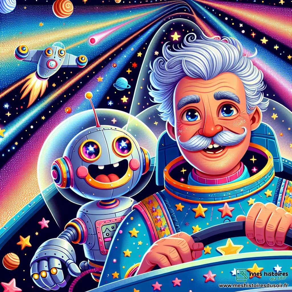 Monsieur Lune est un homme joyeux avec des cheveux argentés et une grande moustache, portant une combinaison spatiale colorée ornée d'étoiles. Il pilote son vaisseau, le "Voleur d'Étoiles", avec émerveillement. À ses côtés, un petit robot nommé Zippy, ressemblant à une boule de métal avec des yeux lumineux, flotte en émettant des bips joyeux et aide à contrôler le vaisseau. L'aventure se déroule dans un ciel étoilé rempli de planètes colorées et de nébuleuses éclatantes. Monsieur Lune répare le tableau de bord du vaisseau après un petit problème, tandis que Zippy l'encourage, créant une atmosphère de camaraderie et d'aventure.