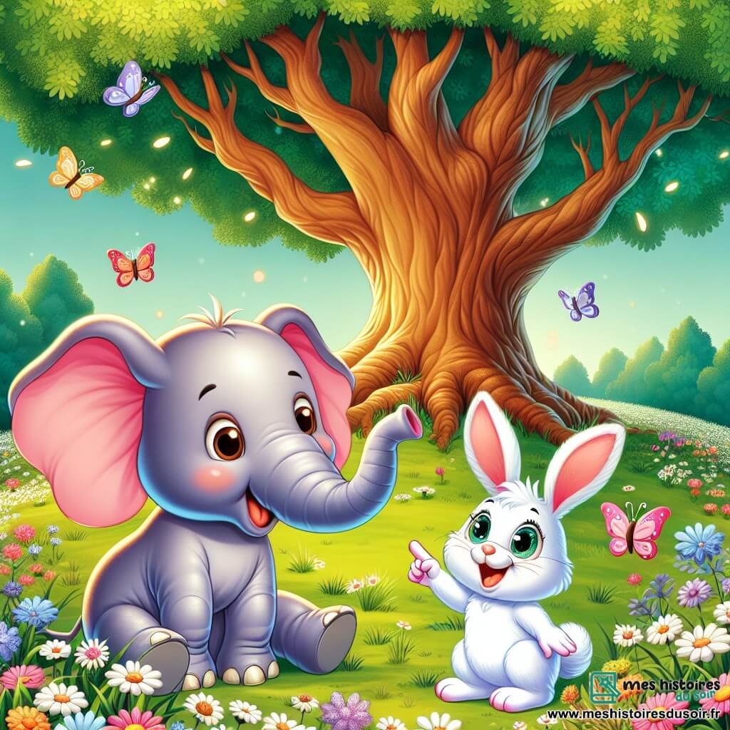 Un petit éléphant nommé Éli, avec de grandes oreilles roses et une trompe joyeuse, se tient au centre de la clairière, émerveillé et curieux. À ses côtés, un lapin blanc nommé Lulu, aux yeux pétillants, saute joyeusement en souriant à Éli et en pointant vers le grand chêne majestueux en arrière-plan. Le chêne, avec son tronc large et ses feuilles verdoyantes, se dresse fièrement, ses branches s'étendant comme des bras accueillants. La clairière est remplie de fleurs colorées et de papillons, tandis que la lumière du soleil filtre à travers les feuilles, créant une ambiance magique. Éli et Lulu écoutent attentivement l'histoire que raconte le chêne, captivés par la magie de la forêt.