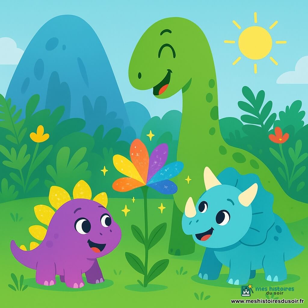 Un stégosaure nommé Lila, avec des plaques brillantes, se tient au centre de l'image, les yeux écarquillés de joie. À côté d'elle, un diplodocus nommé Milo, avec un long cou et une peau verte, sourit à une fleur magique. Un tricératops nommé Zoé, aux cornes douces et à la peau bleu clair, s'approche de la fleur, curieux. En arrière-plan, un grand rocher bleu est entouré de fougères et de fleurs colorées. La scène montre les quatre amis émerveillés devant une fleur magique aux pétales arc-en-ciel, créant une atmosphère de joie et d'amitié dans la forêt.