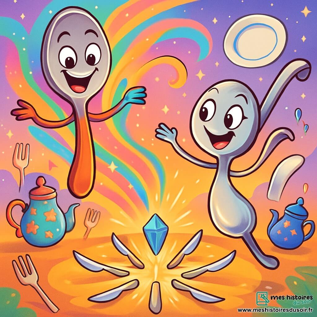 Bob, une cuillère anthropomorphique souriante, flotte dans les airs entouré d'une tornade de couleurs vives. Il a un manche en bois lustré et un visage expressif. À ses côtés, Loucheline, une louche argentée avec des yeux ronds, danse joyeusement. Le décor est le pays des Objets d'Exception, peuplé d'ustensiles animés sous un ciel étoilé pastel. Ils découvrent l'Antidote au Monotone, une pierre précieuse au centre d'un cercle de couteaux dansants, illuminée par des éclats de lumière dorée, dans une ambiance festive.