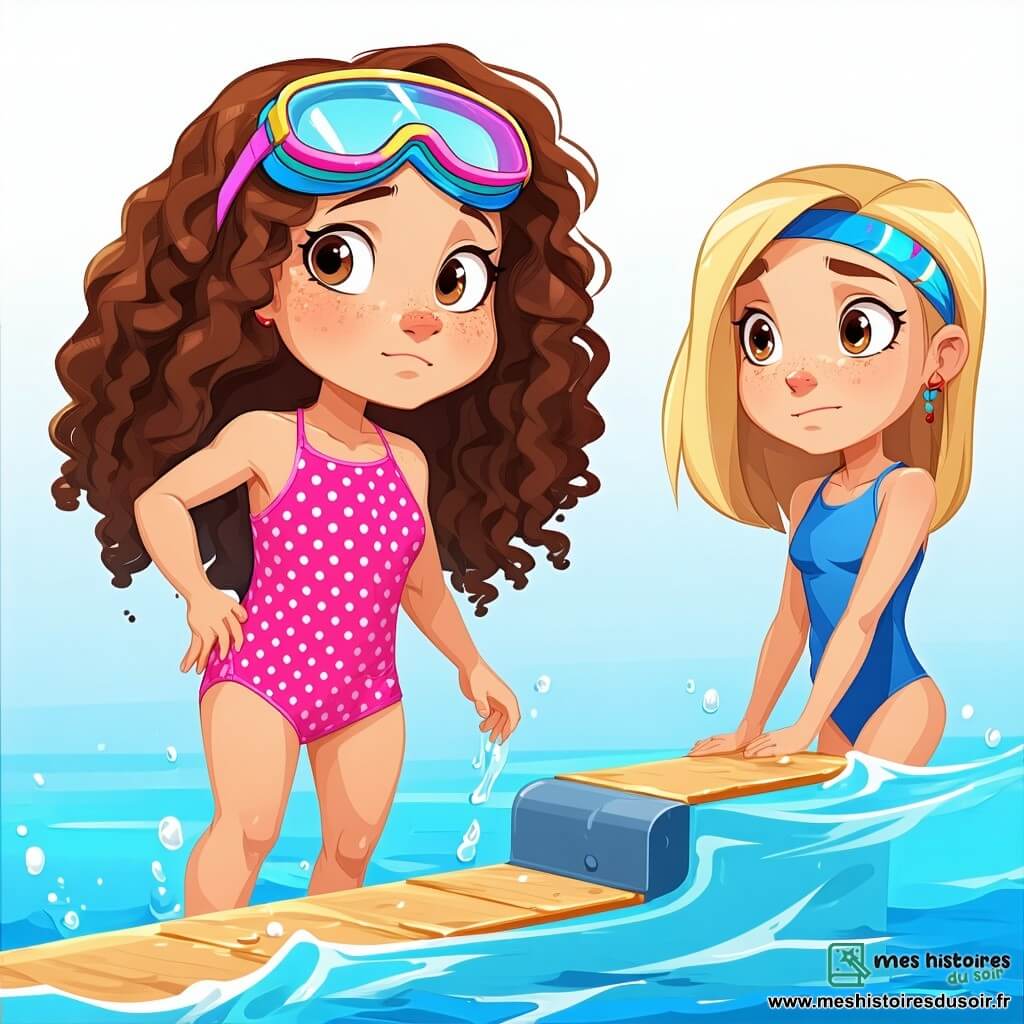 Deux personnages principaux : Clara, une fille de 7 ans aux cheveux bouclés et bruns, en maillot de bain rose à pois et lunettes de natation sur le front, hésite au bord d'un plongeoir. Inès, également âgée de 7 ans, avec des cheveux lisses et blonds, un serre-tête coloré et un maillot de bain bleu, se tient derrière elle, souriante et prête à sauter. La scène se déroule dans une grande piscine extérieure entourée de palmiers et de chaises longues colorées, avec une eau scintillante et des enfants s'amusant dans le petit bassin. Clara, nerveuse, s'apprête à glisser du plongeoir, tandis qu’Inès l'encourage. L'atmosphère est joyeuse et colorée, remplie de rires et de bulles d'eau.