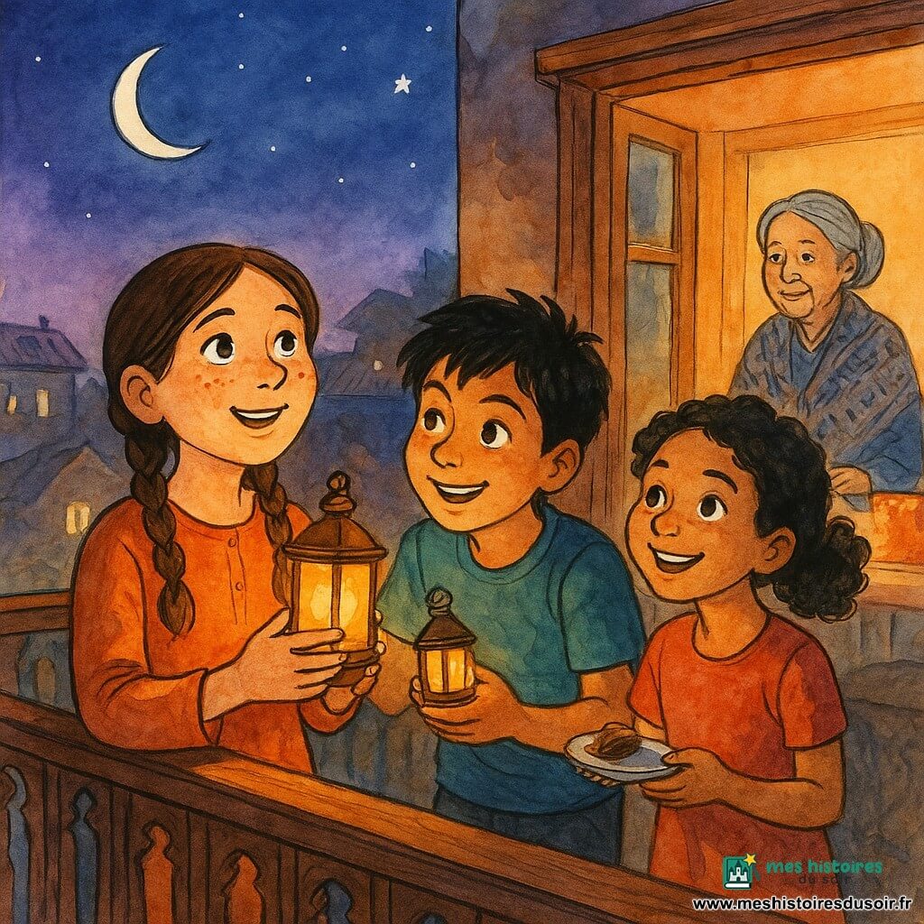 Trois enfants sur un balcon en bois sculpté au crépuscule — Lina (10 ans, cheveux bruns en tresses, visage rond et taches de rousseur) tient une petite lampe en métal illuminant son visage, Imran (≈9 ans, cheveux noirs en bataille) lui tend une seconde lampe, et Lila (≈9 ans, cheveux bouclés attachés) tient une assiette avec une datte; la grand-mère (≈70 ans, chignon, châle à motifs) apparaît à travers la porte-fenêtre près d'une table dressée; vues sur toits, petites lampes suspendues, lune fine en croissant et quelques étoiles, ambiance chaleureuse de soirée de Ramadan après le repas, lumière ambrée des lampes contrastant avec le ciel bleu-violet, rendu en traits d'encre et lavis de couleurs chaudes.