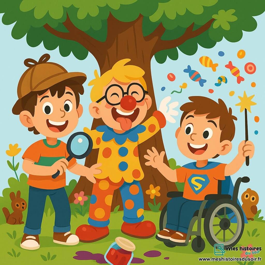 Trois personnages principaux se tiennent ensemble : Léon, un garçon de 10 ans avec des cheveux bruns en bataille, un chapeau de détective et un t-shirt coloré, souriant avec une loupe ; Maxou, également âgé de 10 ans, avec des cheveux blonds, des lunettes et un costume de clown, faisant une grimace amusante ; et Hugo, un garçon en fauteuil roulant, avec des cheveux châtains et un t-shirt de super-héros, tenant une baguette magique en plastique. Ils sont sous un grand arbre aux feuilles luxuriantes, entourés de fleurs colorées et de petits animaux curieux. Ils préparent un numéro de magie improvisé pour un spectacle, avec des bonbons volant autour d'eux et un pot de confiture renversé ajoutant du chaos joyeux à leur performance.