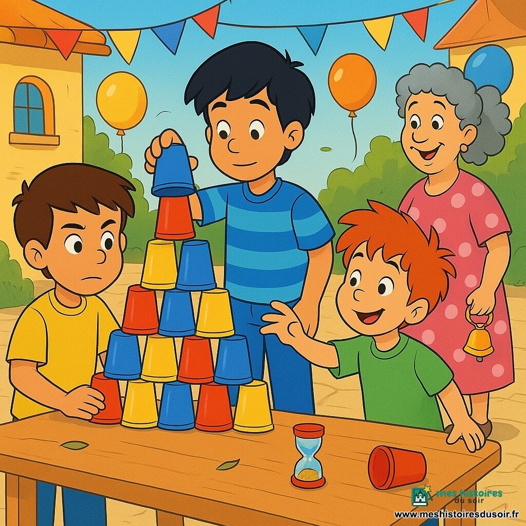 Quatre personnages : Léo, garçon d'environ 8 ans aux cheveux bruns courts et t-shirt jaune, tient la base gauche de la pyramide de gobelets ; Sami, garçon d'environ 8 ans aux cheveux noirs un peu longs et t-shirt bleu à rayures, ajuste un gobelet au sommet, debout derrière la table ; Nino, garçon d'environ 7 ans aux cheveux roux ébouriffés et t-shirt vert, souriant et un peu agité, tend la main vers la rangée du milieu à droite ; Madame Frisette, femme adulte aux cheveux gris frisottés en queue de cheval et robe à pois, tient une clochette et observe en souriant, debout en retrait à droite. Lieu : place de village ensoleillée au sol pavé, grande table en bois clair décorée de guirlandes colorées et de ballons ; sur la table un sablier et des gobelets en plastique rouges, bleus et jaunes empilés, quelques feuilles volent au sol. Situation : trois enfants construisent une pyramide de gobelets très haute, rangée par rangée, le sommet vacille sous une légère brise ; atmosphère joyeuse et concentrée, gestes lents et précis, tension douce avant le succès.