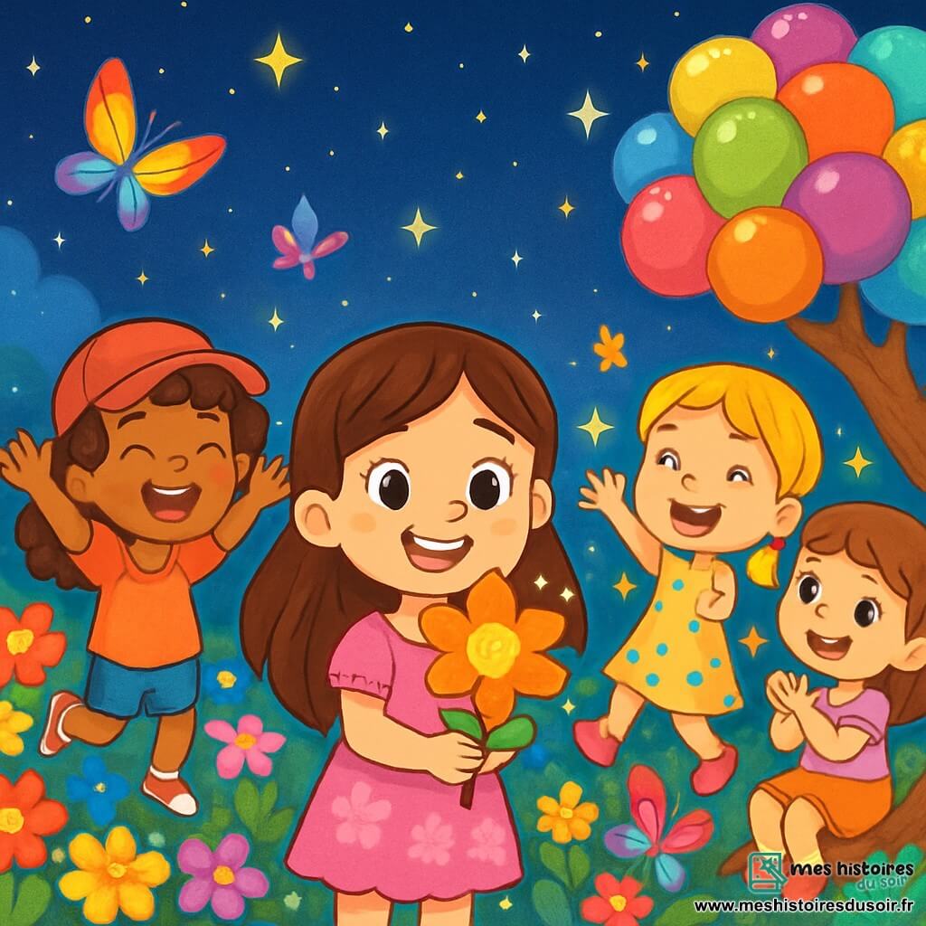Quatre enfants se trouvent dans le Jardin des Étoiles : Lila, 5 ans, cheveux bruns, robe rose avec des fleurs, souriante et tenant une Fleur du Courage ; Zoé, également 5 ans, cheveux bouclés, casquette rouge, bras levés en joie ; Mila, 5 ans, cheveux blonds tressés, robe à pois, sautant avec des étoiles autour d'elle ; Emma, 5 ans, cheveux châtains, assise sur un arbre en bonbon, applaudissant ses amies. Le jardin est magique, rempli de fleurs brillantes et d'arbres en bonbons, avec des papillons colorés. Lila et ses amies découvrent la Fleur du Courage, pleines d'excitation et prêtes à relever des défis, illuminées par des étoiles scintillantes.