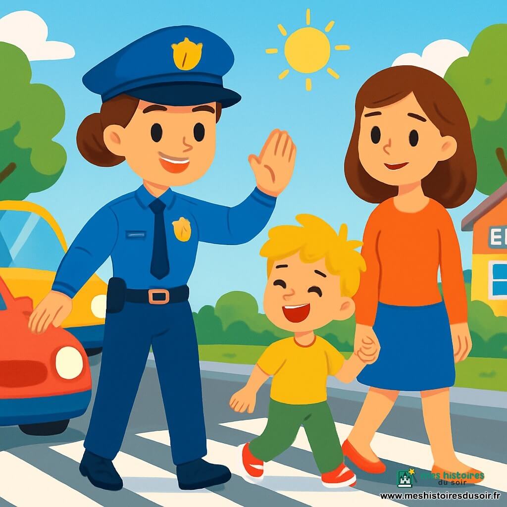 Une policière souriante, Lila, est une femme d’une trentaine d’années avec des cheveux bruns en chignon. Elle porte un uniforme bleu vif, un chapeau de policier et un badge sur sa poitrine. Elle aide des enfants à traverser la rue en toute sécurité. À côté d'elle, Lucas, un garçon de 7 ans avec des cheveux blonds, tient la main de sa maman, une femme souriante qui regarde Lila avec gratitude. Ils se tiennent près du passage piéton, entourés de voitures arrêtées, dans une rue animée avec des arbres et une école colorée en arrière-plan. Lila lève la main pour arrêter les voitures pendant que les enfants traversent en riant et en souriant.