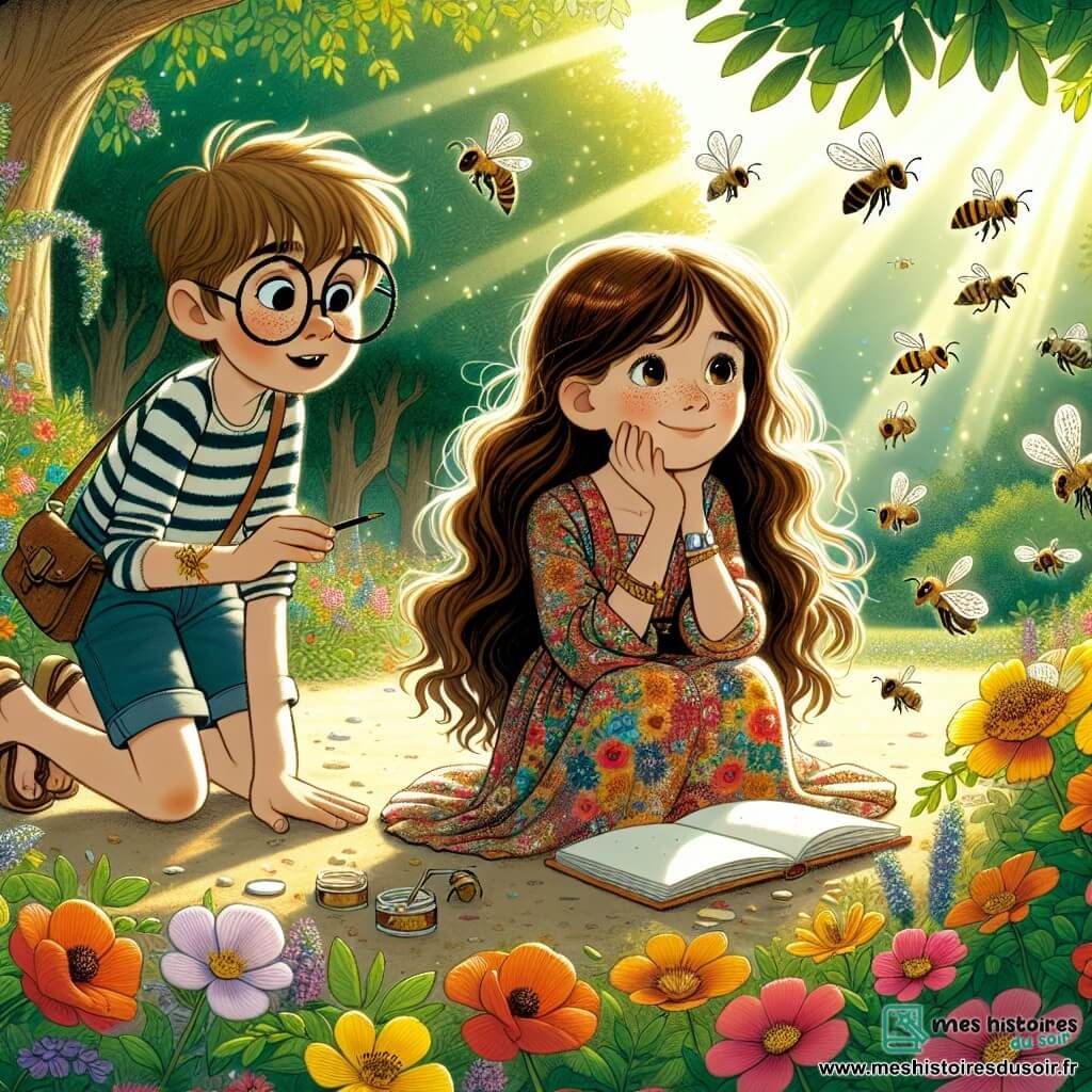 Lucie, une fille de 12 ans, se tient au centre de la scène avec un grand sourire et des yeux pétillants. Elle a de longs cheveux bruns et porte une robe colorée à motifs floraux. Accroupie, elle observe un groupe d'abeilles autour de fleurs vives. À côté d'elle, son ami Hugo, également âgé de 12 ans, aux cheveux châtains et lunettes rondes, se penche pour admirer les abeilles, carnet en main pour prendre des notes. La scène se déroule dans une clairière ensoleillée d'une forêt printanière, entourée d'arbres et de fleurs sauvages. Lucie et Hugo explorent la beauté de la nature, découvrant le monde fascinant des abeilles et des fleurs au printemps.
