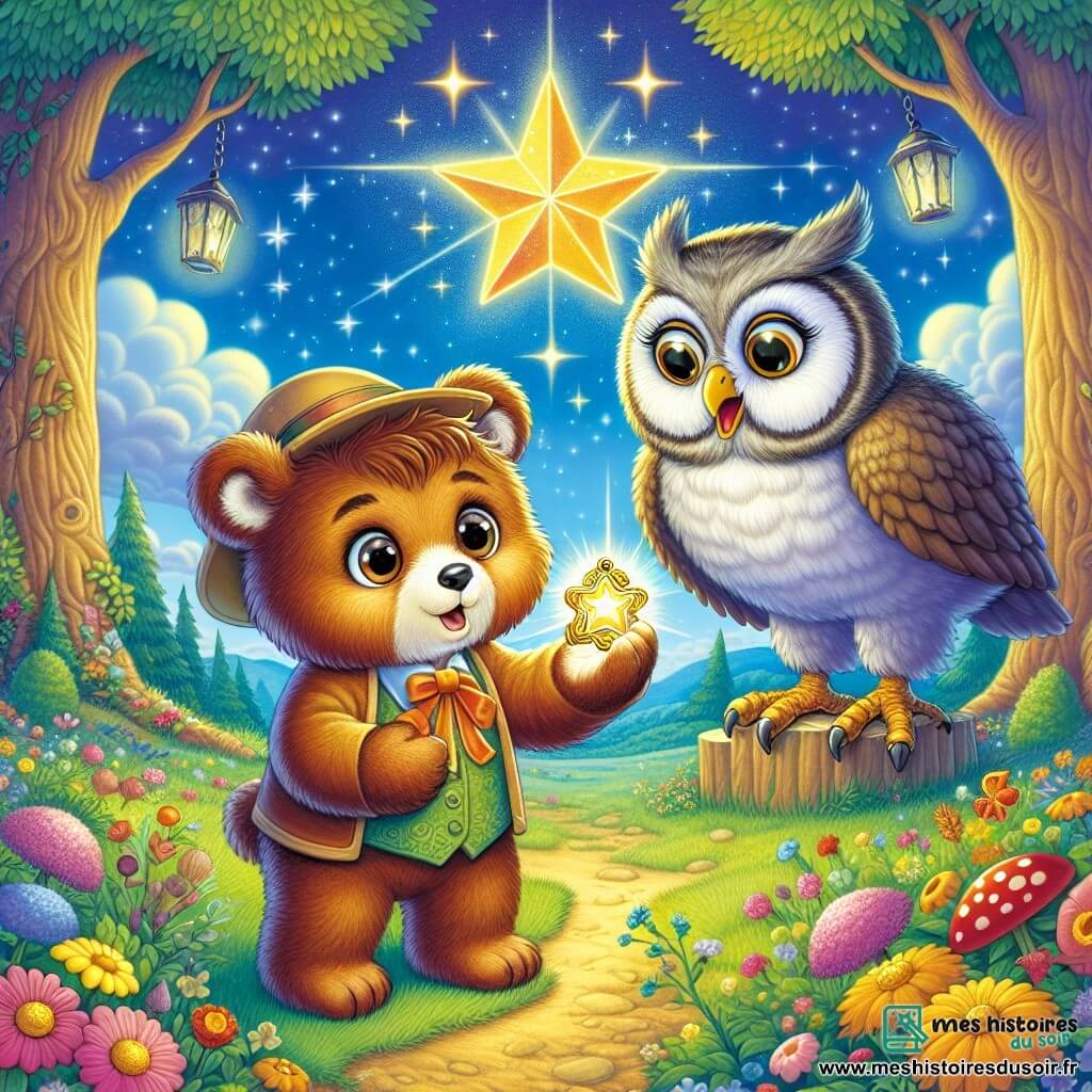 Un petit ours nommé Oscar, avec un pelage brun et un chapeau en paille, se tient au centre de la clairière de l’étoile, émerveillé par un pendentif en forme d’étoile qu'il tient dans sa patte. À ses côtés, Mademoiselle Hibou, une chouette sage avec des lunettes et un plumage gris, flotte dans les airs, prête à le guider. La clairière est illuminée par une étoile scintillante, entourée de fleurs colorées et d'arbres aux feuilles dorées, sous un ciel bleu parsemé de nuages. Oscar, excité, se prépare à activer son pendentif pour voyager dans le temps, tandis que Mademoiselle Hibou lui explique son aventure à venir.