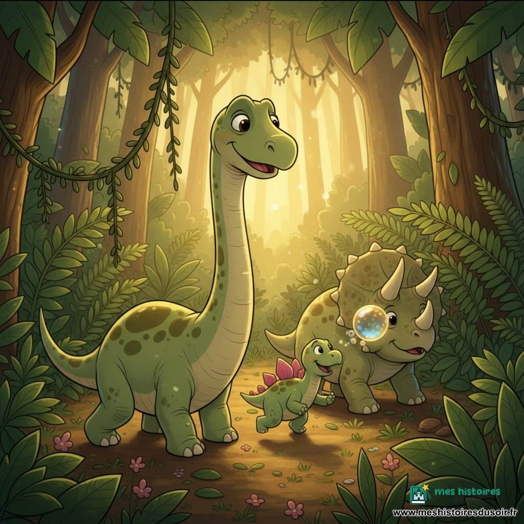 Un jeune diplodocus au long cou et aux yeux ronds avance lentement, peau vert pâle tachetée d'olive, queue fine balayant le sol, levant la tête pour soulever des lianes de façon protectrice; à ses côtés Piki, petit stégosaure trapu aux plaques roses, saute joyeusement, et Taro, triceratops massif à la collerette crème tachetée et cornes courtes, pousse un rideau de fougères derrière eux; une petite lumière chantante dorée et bleutée flotte devant eux, guidant leur pas à travers une jungle dense de fougères, grandes feuilles et lianes, avec des rayons de soleil perçant la canopée; le sol est mou, brun, parsemé de feuilles et de petites fleurs, et au loin on devine une clairière baignée de lumière; ambiance chaleureuse et rassurante alors que les trois traversent la jungle ensemble.