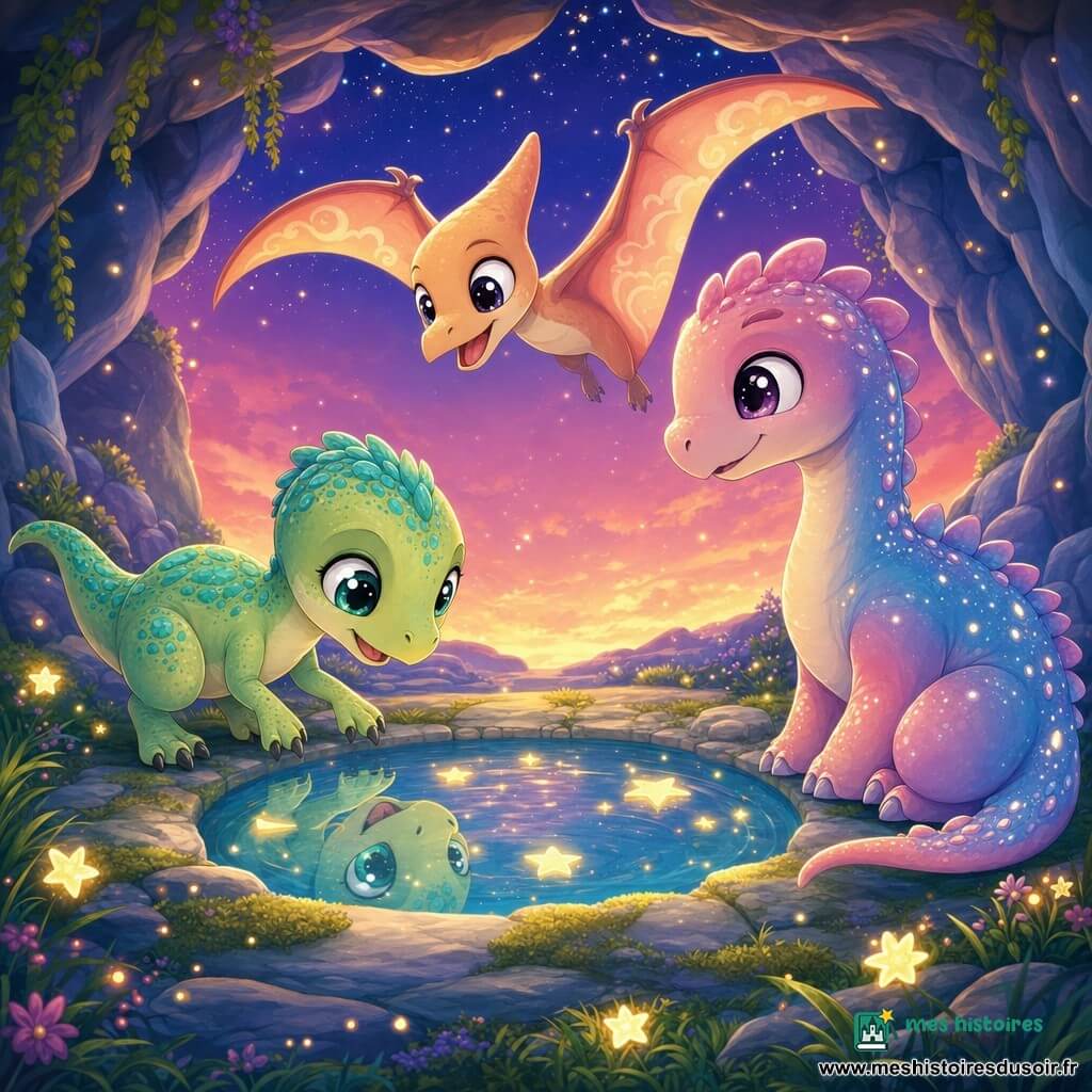 Pti-Griffe, un petit vélociraptor vert clair tacheté de turquoise aux grands yeux brillants et petites griffes arrondies, penché sur un bassin rond pour regarder son reflet ; Zéphyr, un ptérosaure juvénile aux ailes pêche à motifs de nuages, vole en cercle au-dessus du bassin en jouant ; Lueur-d’Écaille, un dinosaure sage aux dégradés rose-bleu et petites lueurs scintillantes sur le dos, veille près du bord en souriant ; le tout dans une grotte ouverte au crépuscule avec rochers gris-bleu, herbe ondulante, dalles moussues et eau cristalline reflétant des étoiles dorées, ambiance magique, douce et chibi kawaii, composition centrée sur les trois autour du bassin.