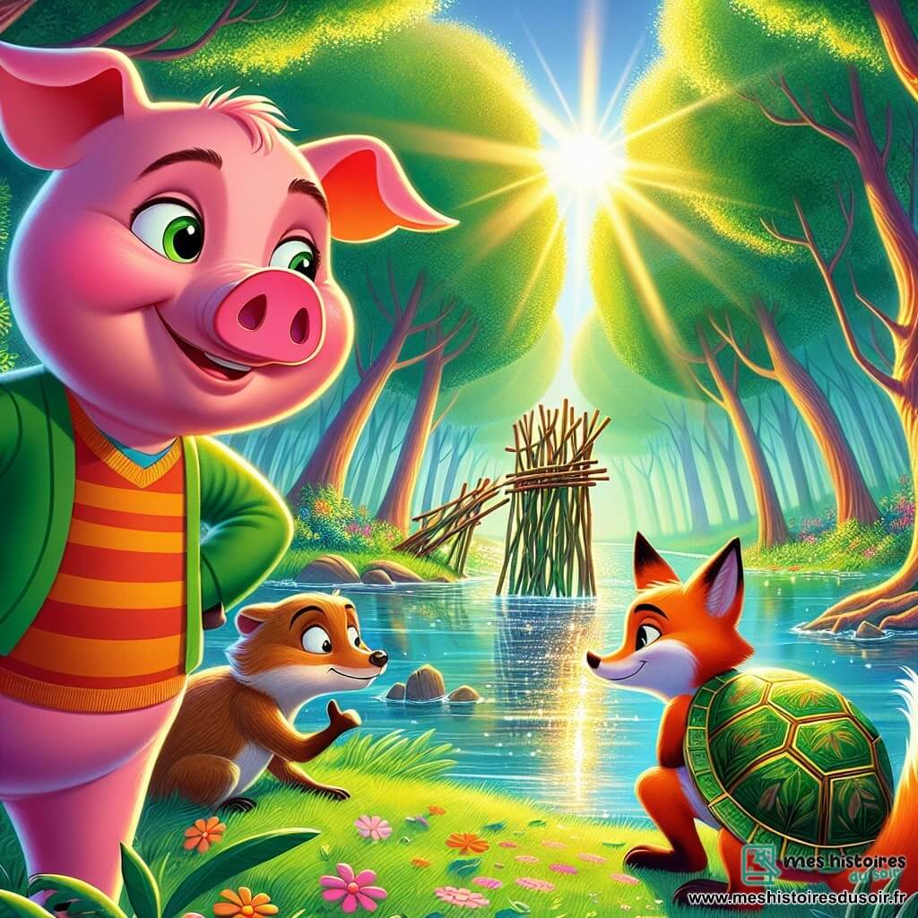 Gustave, un cochon rose déterminé, se tient au bord d'un lac scintillant, souriant fièrement. À ses côtés, Théo le renard, au pelage orange, observe un barrage de brindilles, tandis que Clara la tortue, avec sa carapace dorée, réfléchit à comment aider. Le décor est une forêt enchantée, avec des arbres majestueux et des fleurs colorées. Ensemble, ils planifient la construction d'un nouveau barrage pour sauver le lac et la forêt, remplis d'enthousiasme.