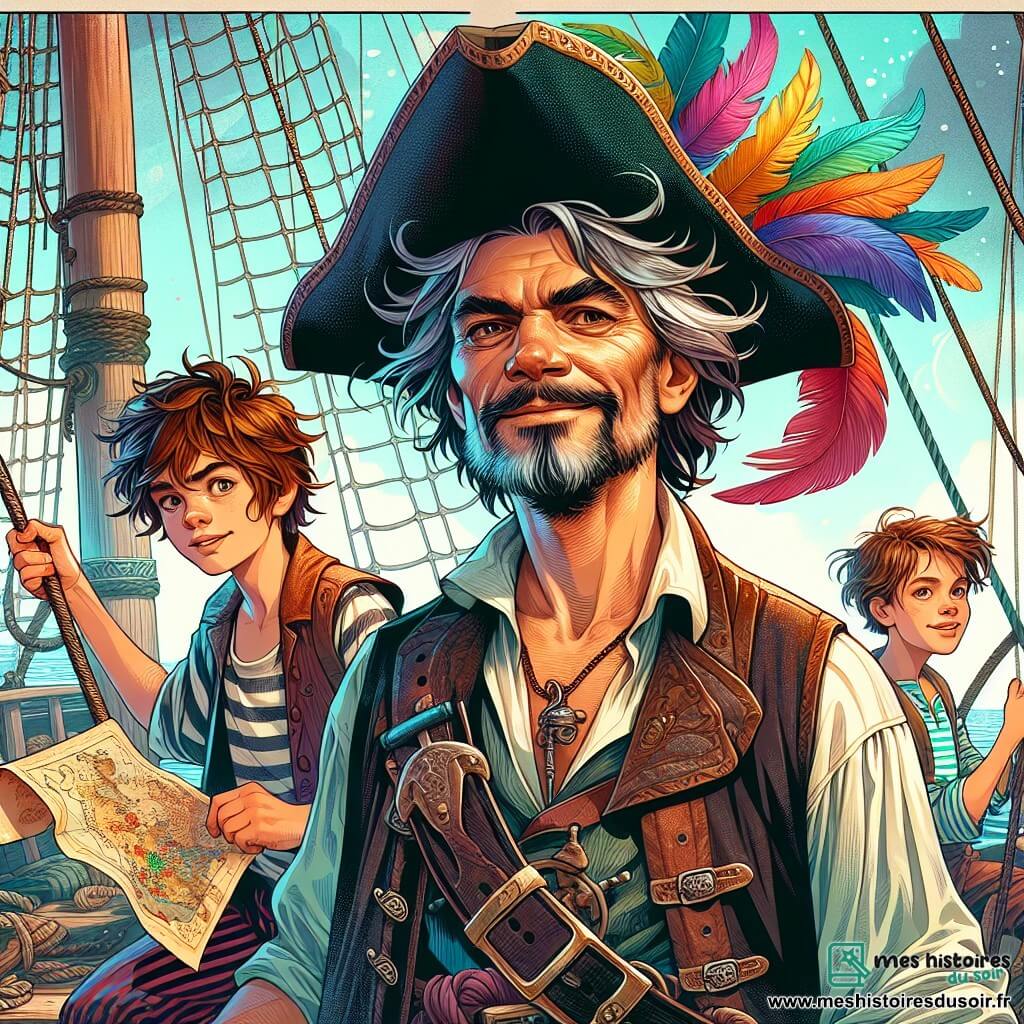 Hector, un homme au visage buriné et aux yeux perçants, se tient fièrement à la proue de son navire pirate, la Brise Écarlate, avec une expression déterminée et un sourire confiant. Il porte un tricorne noir orné de plumes colorées, une chemise blanche ample et un gilet en cuir usé, tout en tenant une carte au trésor. À ses côtés, Léon, un garçon espiègle d'environ 10 ans, noue des cordages, tandis que Sacha, une fille courageuse de 12 ans, scrute l'horizon avec une longue-vue. Le navire navigue sur une mer bleue éclatante, avec l'île de la Brume en arrière-plan. Hector et son équipage se préparent à partir à l'aventure pour trouver l'Œil d'Azura, le vent gonflant les voiles du navire.