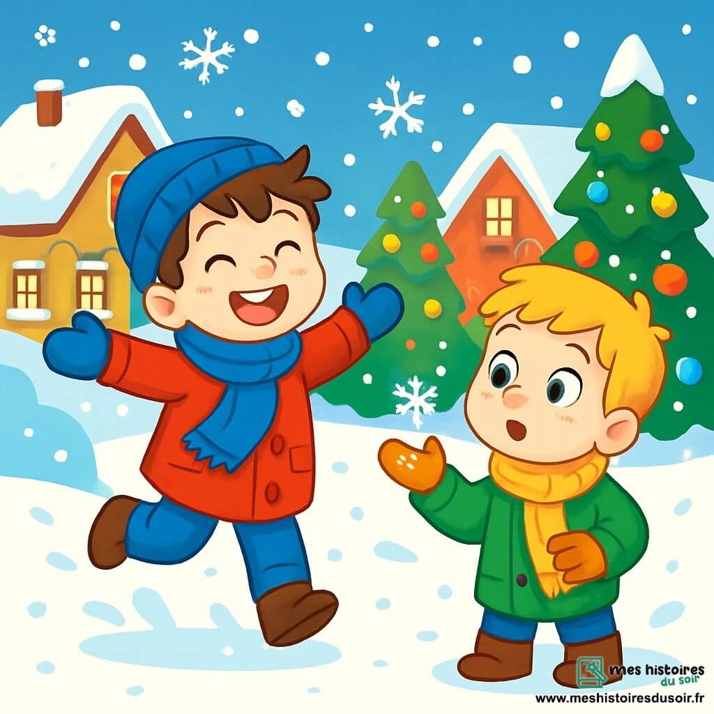 Deux garçons de 7 ans, Théo et Max, jouent dans un village enneigé. Théo, avec des cheveux bruns en bataille, porte un manteau rouge, une écharpe bleue et un bonnet assorti. Il saute dans la neige, souriant. Max, aux cheveux blonds et taches de rousseur, est à ses côtés, vêtu d'un manteau vert et d'une écharpe jaune, essayant d'attraper un flocon de neige. Le village est décoré de maisons aux toits enneigés, de guirlandes lumineuses et de sapins ornés. Le ciel bleu est rempli de flocons tombant doucement, créant une ambiance magique. Les deux garçons rient et s'amusent, découvrant la beauté de l'hiver.