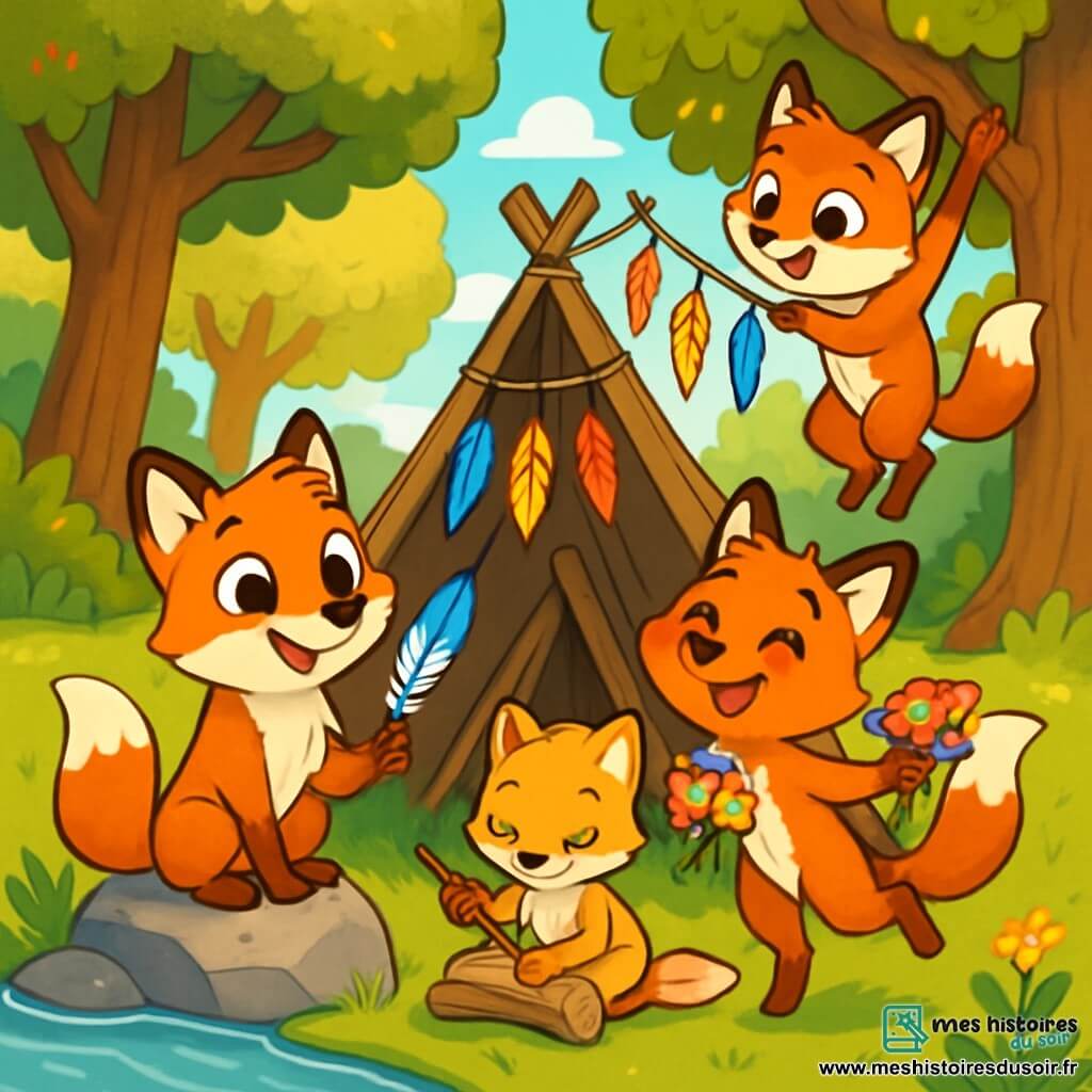Milo, un jeune renard roux aux yeux pétillants, est assis sur une pierre au bord d'une rivière, souriant avec une plume de geai bleue dans sa patte, prêt à décorer sa cabane. À ses côtés, Zélie, une renarde tachetée, saute de joie avec un bouquet de fleurs colorées. Léo, un renard doré timide, sculpte un morceau de bois flotté, tandis que Rina, une renarde espiègle, grimpe à un arbre pour accrocher des guirlandes de plumes. Ils sont dans une clairière ensoleillée, entourée d'arbres majestueux et d'un ruisseau scintillant, créant ensemble une cabane artistique, remplis de joie et d'énergie.