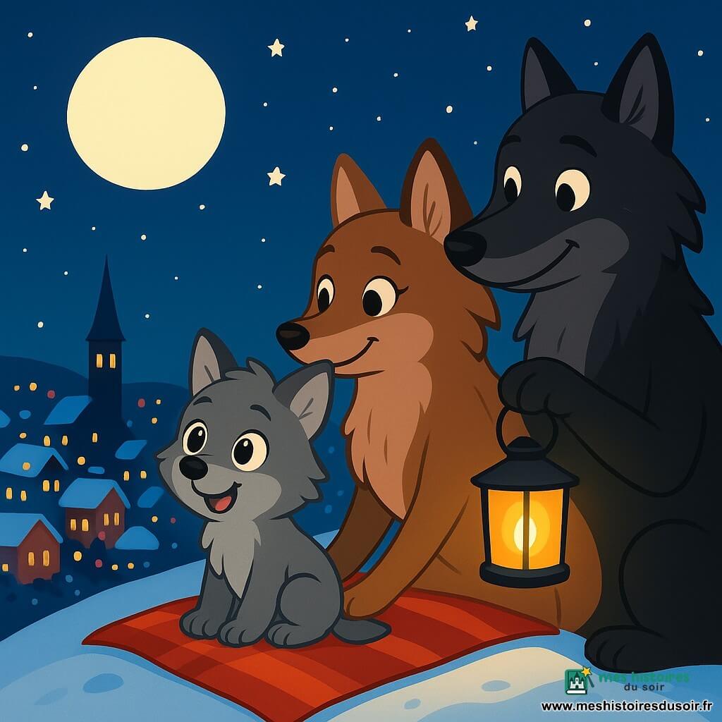 Petit Loup, un jeune loup aux poils doux et gris, est assis sur une couverture en laine rouge au sommet d'une colline enneigée. Il admire le village illuminé au loin, ses oreilles dressées et son cœur joyeux. À ses côtés, Maman Loup, au pelage brun, l’enveloppe de son bras protecteur avec un sourire serein. Un peu plus loin, Papa Loup, robuste et au pelage noir, tient une lanterne qui éclaire leur visage, affichant fierté et bonheur. La colline est recouverte de neige scintillante sous un ciel étoilé, tandis que le village est décoré de lumières colorées. Petit Loup et sa famille écoutent la douce mélodie de la cloche de l'église, créant une atmosphère magique et paisible.