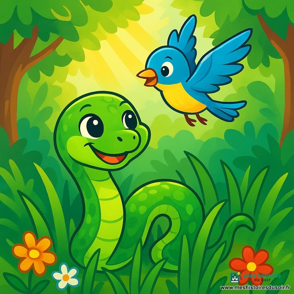 Un petit serpent aux écailles vertes et aux yeux curieux se faufile entre les herbes, affichant une expression joyeuse. Près de lui, un oiseau aux plumes bleues et jaunes vole gracieusement, observant le serpent avec amitié. La scène se déroule dans une forêt luxuriante, où le soleil filtre à travers les feuilles, créant des ombres sur le sol fleuri. Le serpent, en quête d’amis, s'apprête à aider des animaux à traverser un ruisseau, montrant ainsi sa bravoure et sa gentillesse.