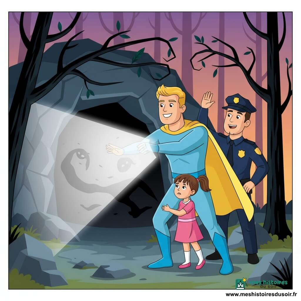 Un homme grand, Flavio le Lumineux, cheveux courts dorés, costume bleu clair et cape jaune, projette un large rayon blanc-argenté vers l’entrée d’une grotte sombre où se tiennent des ombres fluides ; juste devant la grotte il tient doucement Ellie, une fillette de 7 ans aux couettes brunes et robe rose, soulagée mais tremblante, tandis que Max, policier d’environ 35 ans en uniforme bleu marine et chapeau, se tient derrière à droite, visage soulagé et main levée pour saluer la foule ; la scène se déroule dans une forêt tordue d’arbres noirs aux branches fines, sol de pierres grises et mousses vertes, ciel crépusculaire violet-orange, palette vive (jaune, bleu, rose, vert) contrastant avec noirs et gris profonds, composition centrée sur l’action, style enfantin aux formes simples, contours nets et ombres douces évoquant sécurité et chaleur.