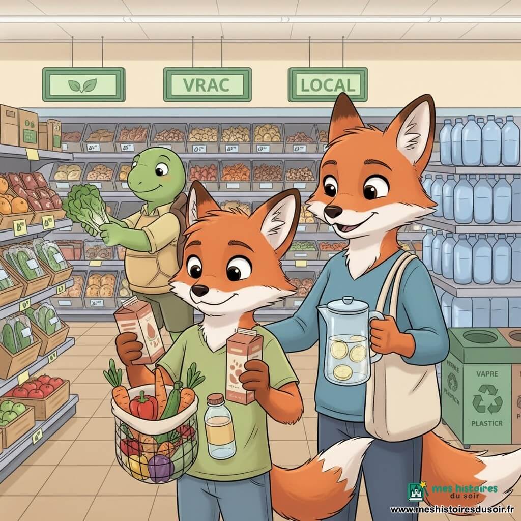 Malo, jeune renard anthropomorphe à la fourrure rousse, yeux curieux et expression déterminée, tient un filet avec des légumes et compare une brique de jus à une petite bouteille en plastique ; sa mère Lila, renarde adulte souriante, pose la main sur son épaule en tenant une carafe d'eau citronnée et un sac réutilisable ; une tortue employée, ronde et sage, range des salades en vrac en souriant et indique un rayon « vrac » en arrière‑plan ; le rayon de supermarché est lumineux et coloré, avec panneaux « vrac » et « local », étagères ordonnées, concombres emballés en plastique contrastant avec cagettes de légumes nus, poubelle de tri et étiquettes lisibles ; la scène montre Malo hésitant entre emballages superflus et options moins plastiques, gestes concrets de comparaison, composition centrée sur les personnages et les emballages contrastés.