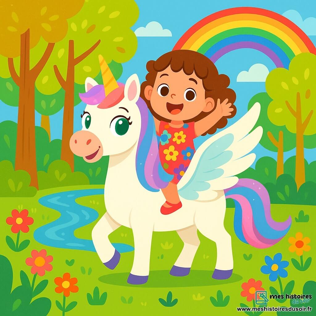 Une licorne blanche majestueuse aux crins scintillants et à la corne dorée se tient au centre de la scène, ses grands yeux émeraude brillants d'émerveillement. Elle déploie ses ailes iridescentes avec une expression joyeuse. À côté, une petite fille de 4 ans, Léa, aux cheveux châtains bouclés et aux yeux pétillants, sourit avec enthousiasme, assise sur le dos de la licorne, les bras levés. La scène se déroule dans une forêt enchantée avec des arbres aux troncs dorés et un ruisseau étincelant. Léa et Luna, la licorne, s'apprêtent à s'envoler vers un arc-en-ciel éclatant, remplissant l'atmosphère de joie et d'excitation pour une aventure extraordinaire.