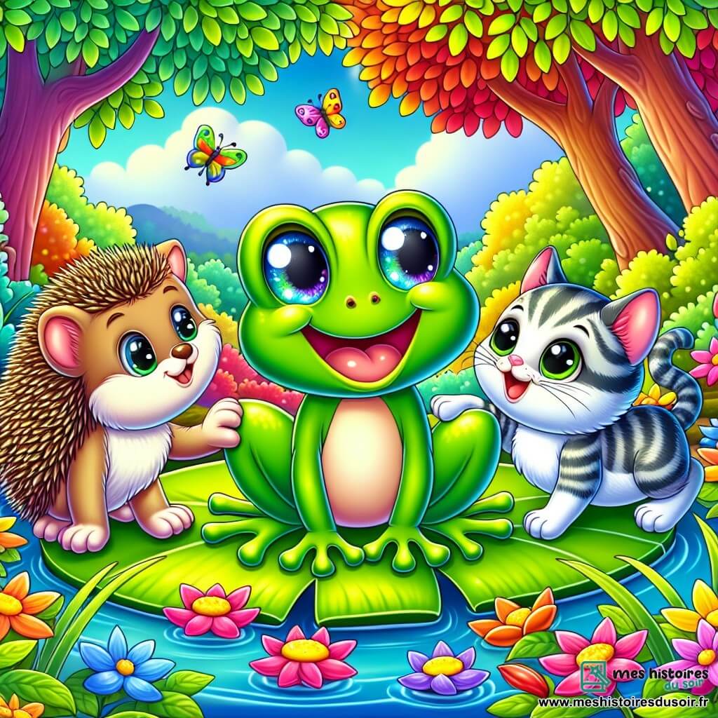 Illustration d'une grenouille verte joyeuse sautant sur un nénuphar, avec un chaton tigré souriant à côté d'elle et un hérisson amical en retrait. Le décor est une forêt colorée avec des arbres aux feuilles vives et des fleurs éclatantes, sous un ciel bleu clair. Les trois amis jouent ensemble, tandis qu'un petit animal aux écailles colorées s'approche timidement. La scène est animée par des oiseaux chantants et des papillons, créant une atmosphère magique d'amitié et de tolérance.