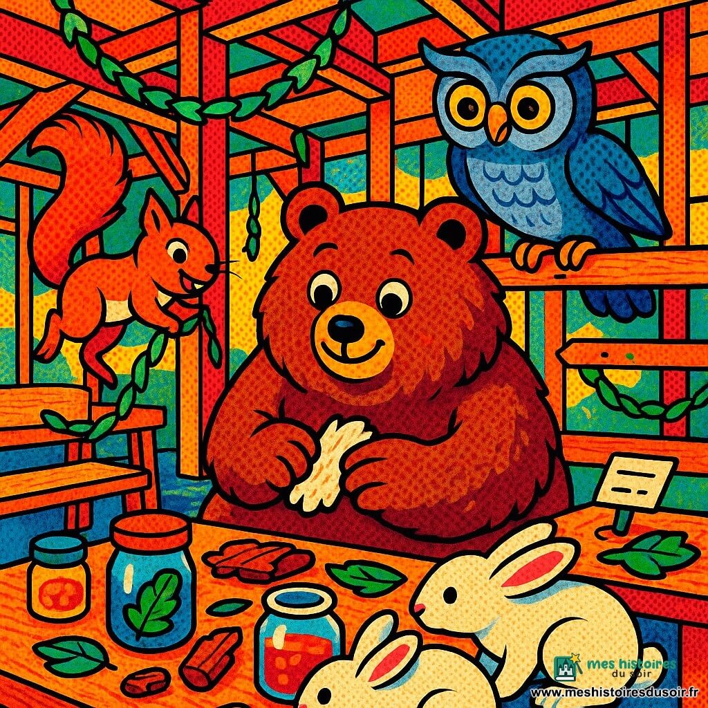 Malo, grand ours brun rond et pelucheux au regard émerveillé, tient une petite écorce blanche ; derrière lui, une chouette grise aux yeux sages est perchée sur une poutre et pointe du bec une étiquette sur la table ; à gauche, un écureuil roux vif enroule une guirlande verte, queue dressée, tandis que deux lapins blancs flairent un bocal ouvert au sol ; le tout se déroule dans un gymnase en bois transformé en clairière intérieure (poutres apparentes, grandes fenêtres, guirlandes), table couverte de bocaux, écorces, feuilles et étiquettes manuscrites, ambiance chaleureuse et collaborative de fête de printemps, couleurs saturées, contours nets et éléments graphiques pop.