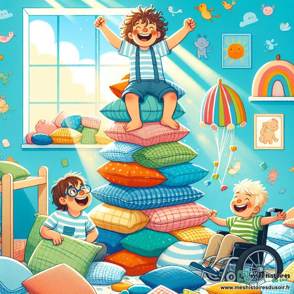 Trois amis, Léo, 8 ans, aux cheveux bouclés et sourire éclatant, est en haut d'une tour de coussins, les bras levés. Tim, 7 ans, blond et en lunettes, saute joyeusement sur un coussin en dessous, riant. Nino, 8 ans en fauteuil roulant, sourit à côté de la tour, tenant un coussin en forme de parachute. La pièce colorée, remplie de coussins variés, a des murs bleu ciel et des dessins d'animaux. La scène montre Léo, Tim et Nino construisant leur tour de coussins, entourés de coussins volants et de rires, illustrant leur amitié et le plaisir de jouer ensemble.