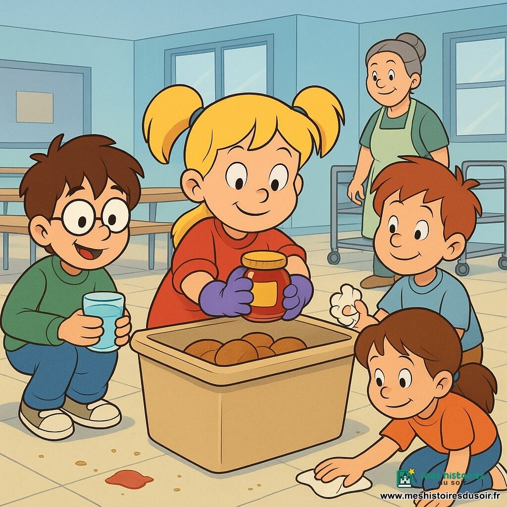 Lila, 6 ans, visage rond et couettes blondes, sourit soulagée en tenant un pot de compote collant qu'elle sort d'un bac à pain ; à sa gauche, Noé, 6 ans, cheveux bruns et lunettes, éclaire la scène avec un verre d'eau comme une lampe ; Inès, 6 ans, queue de cheval, tient une lingette pour essuyer une trace de compote au sol pendant que Tom, 5–6 ans, roux et un peu honteux, se tient près du robinet les mains savonneuses ; la dame de la cantine, cheveux gris et tablier vert, veille en arrière-plan dans une cantine lumineuse aux grandes tables en bois clair, chariot à plateaux et sol carrelé, atmosphère chaleureuse, couleurs pastel et lumière douce de fin de matinée.