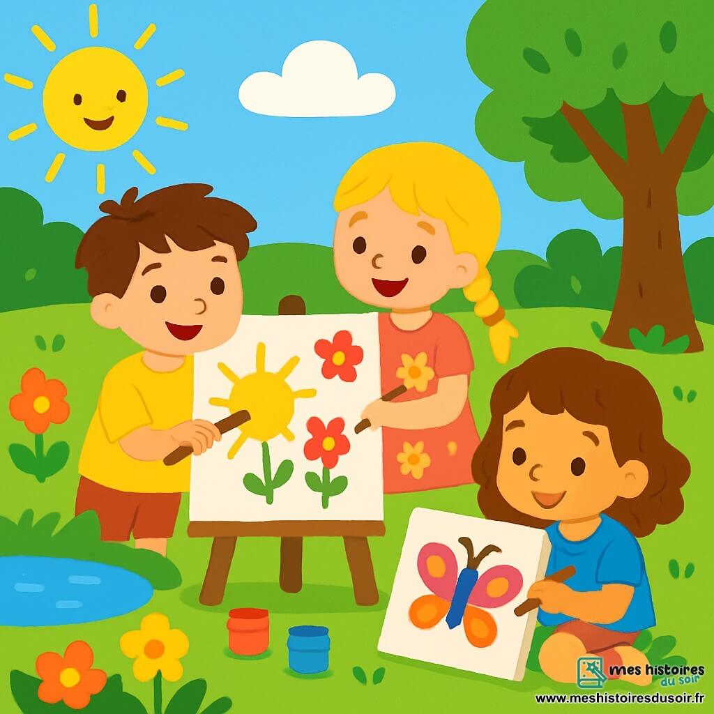 Trois enfants sont dans le jardin de Mamie : Tom, un garçon de 6 ans aux cheveux bruns en bataille et t-shirt jaune, peint un grand soleil ; Léa, une fille de 5 ans avec des cheveux blonds tressés et une robe rose à fleurs, peint des fleurs colorées à ses côtés ; Mia, une fille de 4 ans avec des cheveux châtains bouclés et un t-shirt bleu, est assise sur l'herbe en peignant un papillon. Le jardin est lumineux et joyeux, rempli de fleurs, d'arbres et d'un petit étang, sous un ciel bleu dégagé. Les enfants rient et s'amusent en peignant ensemble.