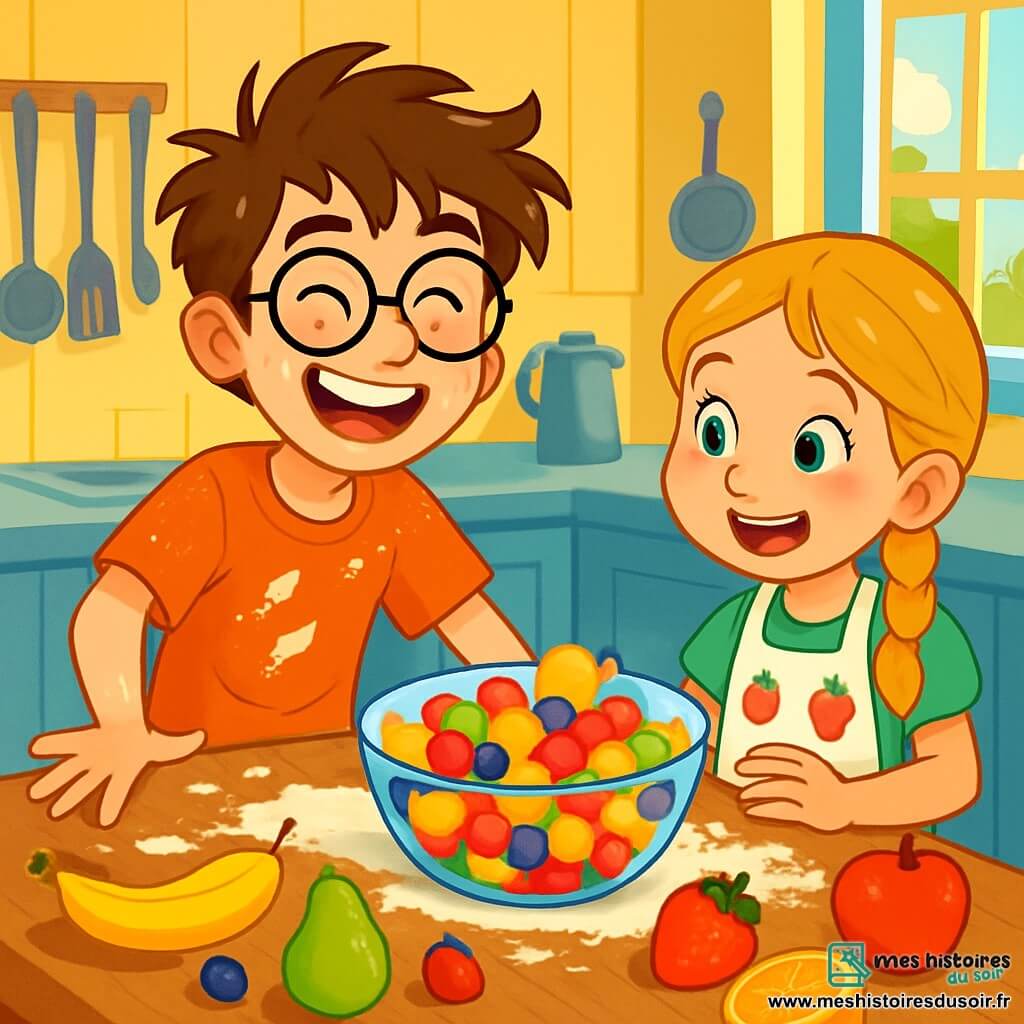 Antoine, un garçon de 12 ans avec des cheveux bruns en bataille et des lunettes rondes, sourit malicieusement dans une cuisine en désordre, entouré de farine et de fruits colorés. À ses côtés, sa sœur Clara, 7 ans, avec des cheveux blonds tressés et un tablier à motifs de fraises, admire un saladier de fruits, ses joues rosies par l'enthousiasme. La cuisine lumineuse, aux murs jaunes, est inondée de lumière grâce à une fenêtre, tandis qu'Antoine et Clara rient ensemble, entourés de leur salade de fruits colorée.