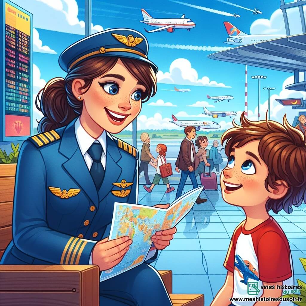 Camille, une pilote femme, est souriante et enthousiaste dans son uniforme bleu. Elle tient une carte aérienne et explique avec passion à Lucas, un garçon de 10 ans assis à côté d'elle, qui rêve de devenir pilote. La scène se déroule dans un aéroport animé, avec des avions et des voyageurs en arrière-plan sous un ciel bleu. Camille partage des histoires de ses vols, tandis que Lucas lui pose des questions, créant une ambiance chaleureuse et inspirante.
