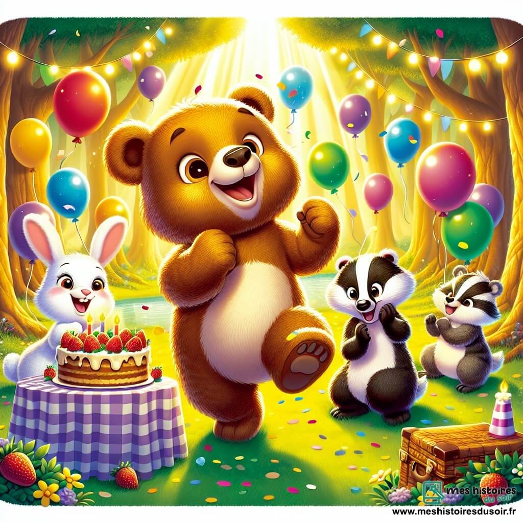 Illustration d'un ours joyeux dansant avec un grand sourire, entouré de ballons colorés. À ses côtés, une lapine espiègle saute de joie, tandis qu'un blaireau applaudit. La scène se déroule dans une clairière enchantée, baignée de lumière dorée, avec des arbres majestueux et des fleurs multicolores. Des nappes à carreaux sont étendues sur l'herbe, et un grand gâteau d'anniversaire trône au centre. L'ours célèbre son anniversaire avec ses amis, tous réunis pour danser et s'amuser, tandis que des confettis colorés tombent du ciel.