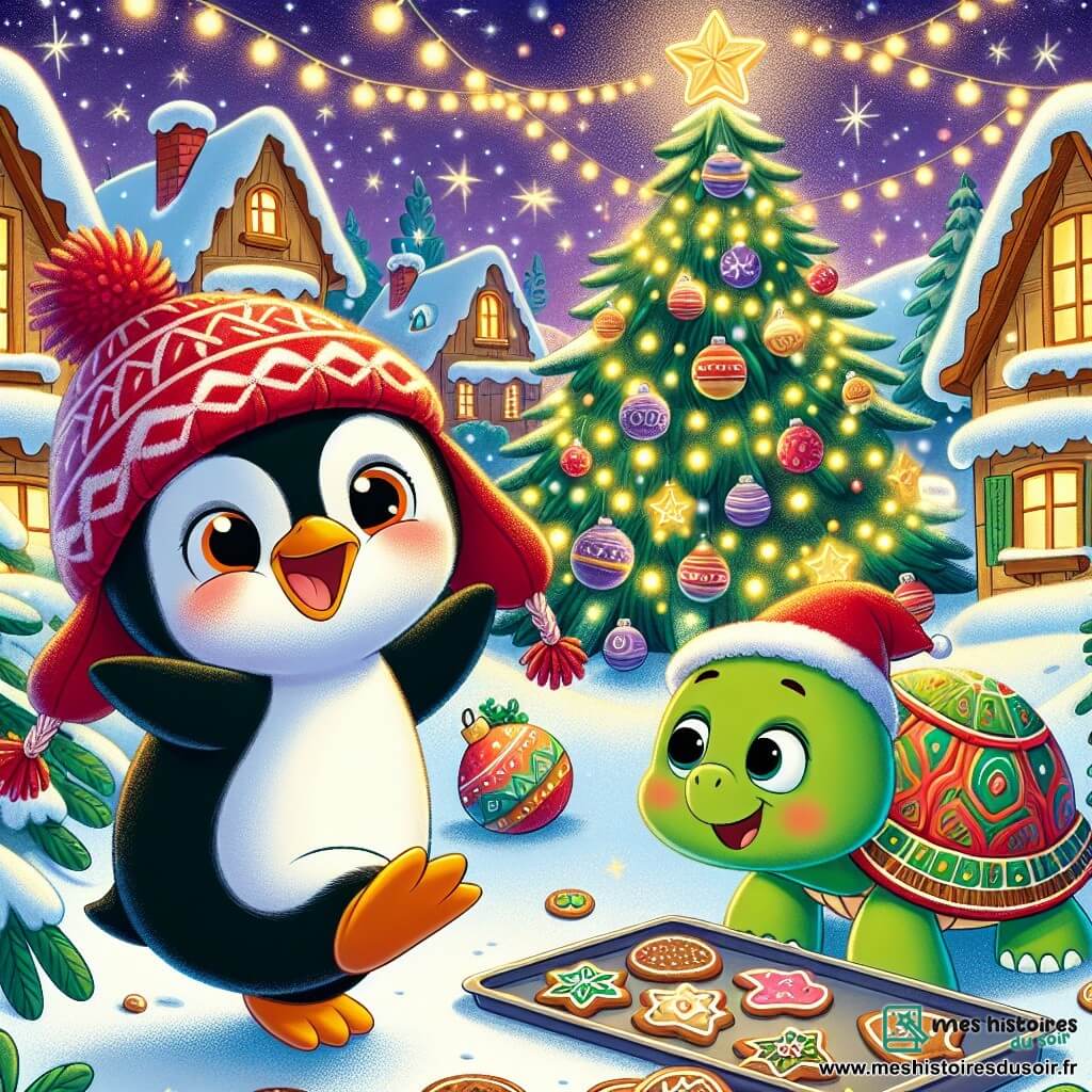Un petit pingouin nommé Pipo, avec un plumage noir et blanc éclatant et un chapeau en laine rouge, danse joyeusement dans la neige. À ses côtés, une tortue nommée Gracieuse prépare des biscuits au pain d'épices, souriante. En arrière-plan, un sapin de Noël scintille, décoré de guirlandes et de boules colorées, tandis que des flocons de neige tombent doucement sur le village de Floconville. La scène illustre un moment joyeux entre Pipo et Gracieuse, évoquant l'esprit de Noël et l'amitié.