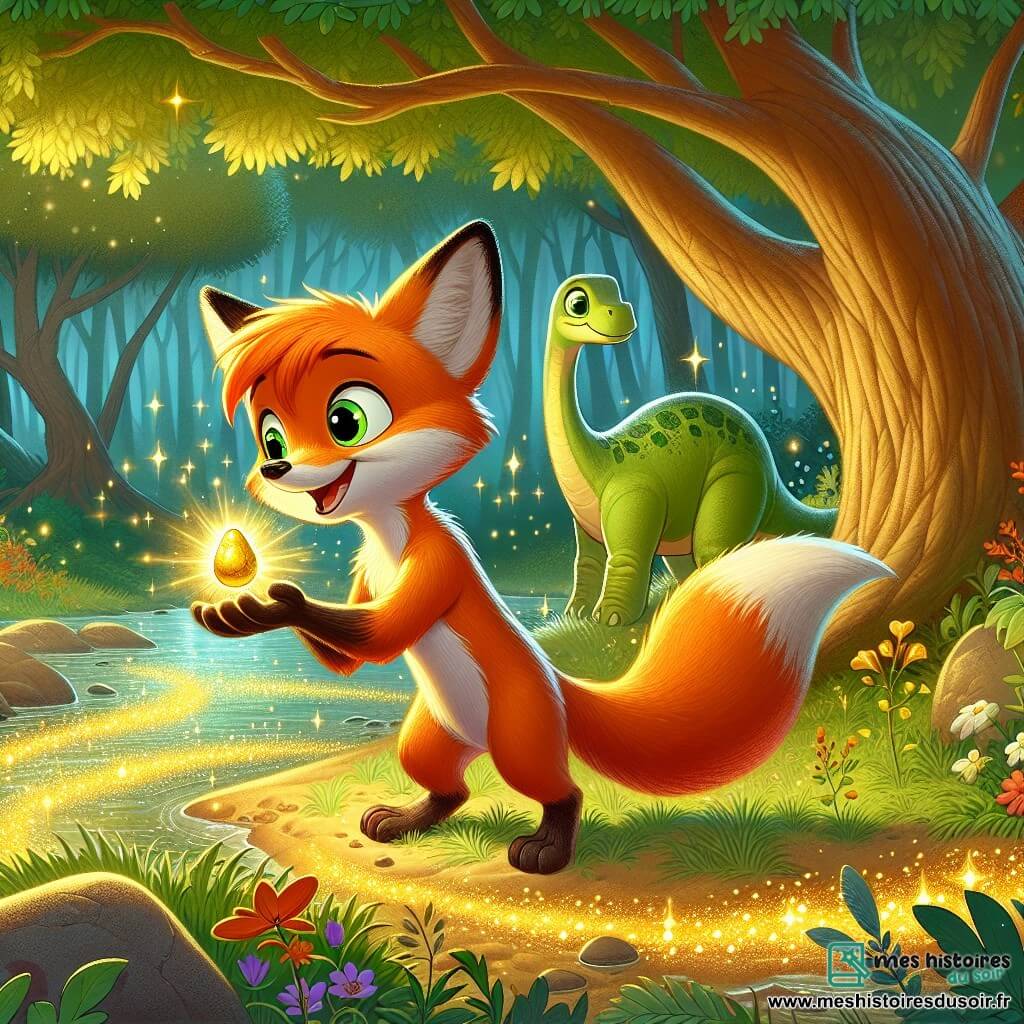 Un jeune renard nommé Félix, avec un pelage orange vif et des yeux curieux, se tient au bord d'une rivière scintillante, tenant une noix dorée. Il affiche une expression d'émerveillement, prêt à découvrir les mystères du temps. À ses côtés, un petit diplodocus à la peau verte le regarde avec gratitude et un grand sourire, comme s'il revenait d'une aventure. Le décor est une forêt luxuriante avec des arbres majestueux, des fleurs colorées et une lumière dorée filtrant à travers les branches, créant une atmosphère magique. Félix touche la noix dorée, qui brille intensément, tandis qu'un tourbillon de lumière l'entoure, symbolisant son voyage imminent dans le temps.