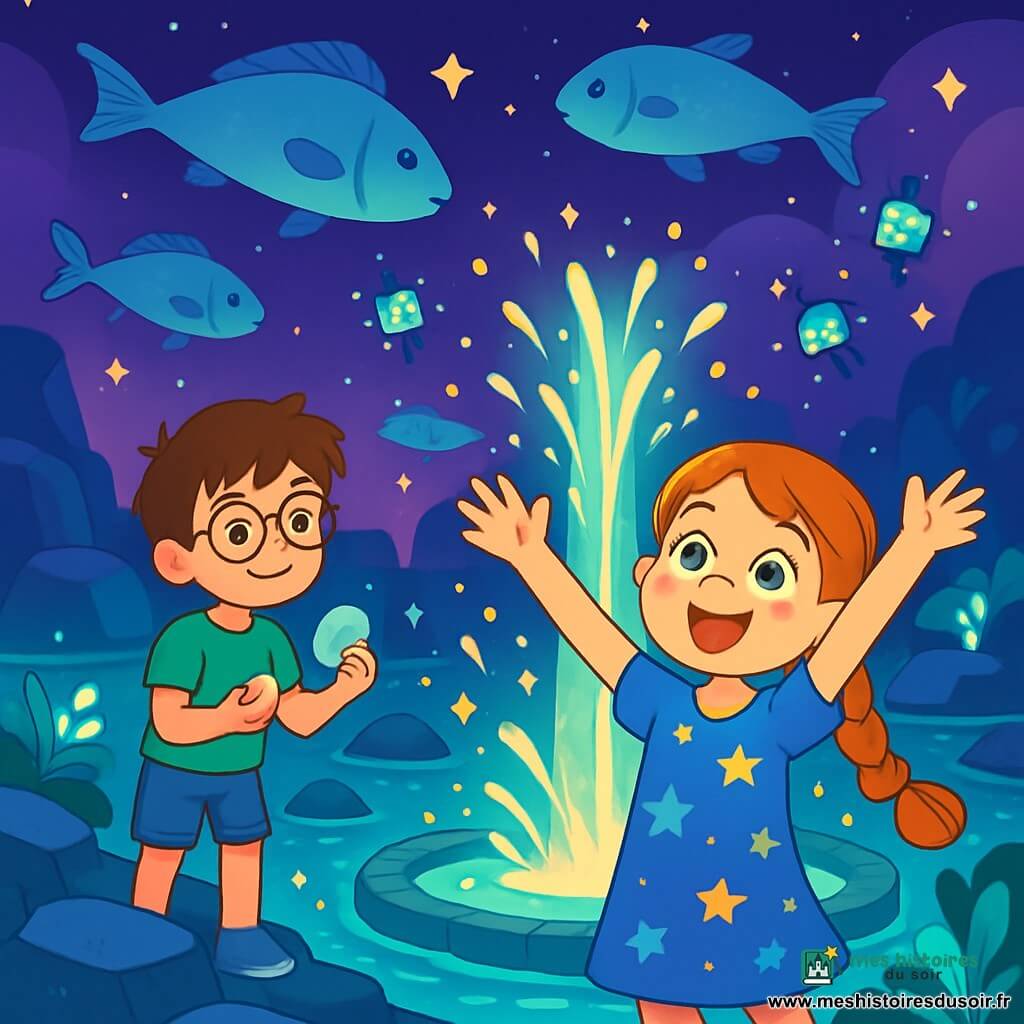 Il y a deux personnages principaux : Maia, une fille de 10 ans avec une tresse rousse, des yeux curieux et une robe bleue ornée d’étoiles, qui se tient au centre, émerveillée, et Milo, un garçon de 10 ans avec des lunettes rondes et des cheveux châtains, légèrement en retrait à gauche, tenant un galet argenté. L'histoire se déroule dans un lagon aux eaux phosphorescentes, entouré de rochers flottants et de plantes luminescentes, sous un ciel violet parsemé d'étoiles. Maia et Milo découvrent la Source des Rêves Numériques, une fontaine magique débordant d'énergie scintillante, émerveillés par une pluie d'étincelles et de couleurs vibrantes.