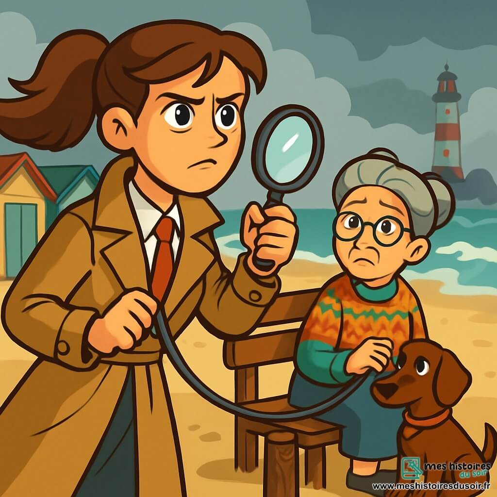 Une femme détective, Léa, se tient sur une plage, le visage marqué par l'inquiétude et la détermination. Elle a des cheveux bruns en queue de cheval et porte un trench-coat beige. Ses yeux scrutent l'horizon brumeux à la recherche d'indices. À proximité, madame Lemoine, une voisine âgée d'environ 60 ans, est assise sur un banc avec son petit chien. Elle a des cheveux gris en chignon et porte un pull coloré, regardant Léa avec inquiétude. La plage est déserte, bordée de cabanes colorées aux volets fermés, avec des vagues s'écrasant sur le sable sous un ciel nuageux. Léa examine la laisse du chien de Zoé, attachée à un piquet, tout en écoutant madame Lemoine parler d'une silhouette aperçue près du vieux phare. L'ambiance est tendue, pleine de suspense, alors qu'elles tentent de percer le mystère de la disparition de Zoé.