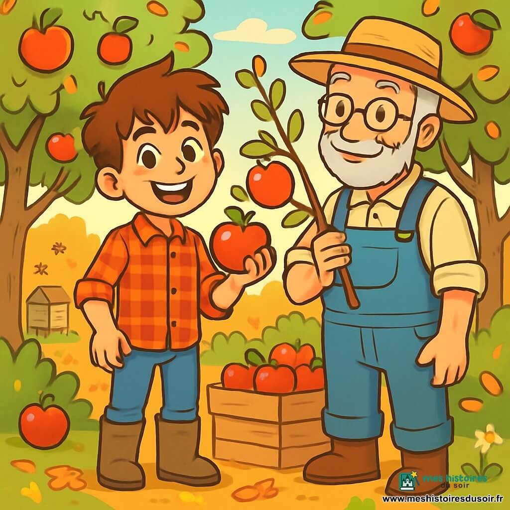 Léo, un jeune agriculteur de 12 ans avec des cheveux châtains en bataille, sourit au milieu d'un verger de pommiers. Il porte une chemise à carreaux rouge, un pantalon en toile et des bottes boueuses, tenant une pomme brillante avec fierté et excitation. À ses côtés, Monsieur Vidal, un homme de 60 ans avec une barbe grise et des lunettes rondes, en salopette et chapeau de paille, l'observe avec bienveillance, prêt à donner des conseils. Le verger est illuminé par le soleil d'automne, avec des pommiers chargés de fruits et un sol parsemé de feuilles dorées. L'atmosphère est joyeuse et animée, remplie de rires et de promesses de récolte.