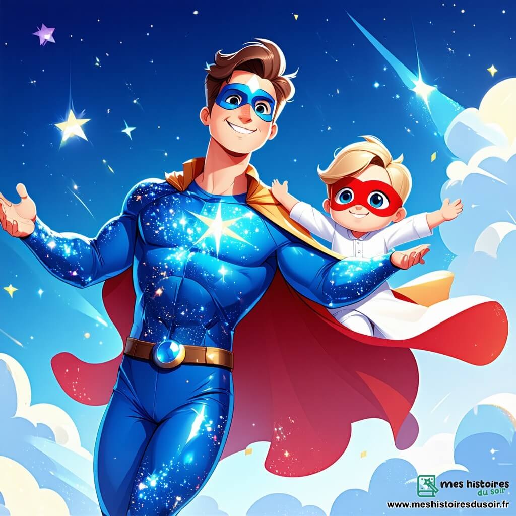 Capitaine Étoile, un homme souriant en costume bleu brillant, vole dans le ciel, les bras ouverts, avec une expression de joie. À ses côtés, Petit Nuage, un garçon de 8 ans, léger et doux, porte un masque rouge et une cape flottante, émerveillé par le paysage. Ils se trouvent dans un jardin enchanté, rempli de fleurs colorées sous un ciel bleu clair et des nuages blancs. Capitaine Étoile et Petit Nuage volent ensemble au-dessus du jardin, découvrant la beauté du monde, illuminés par le soleil et entourés de chants d'oiseaux.