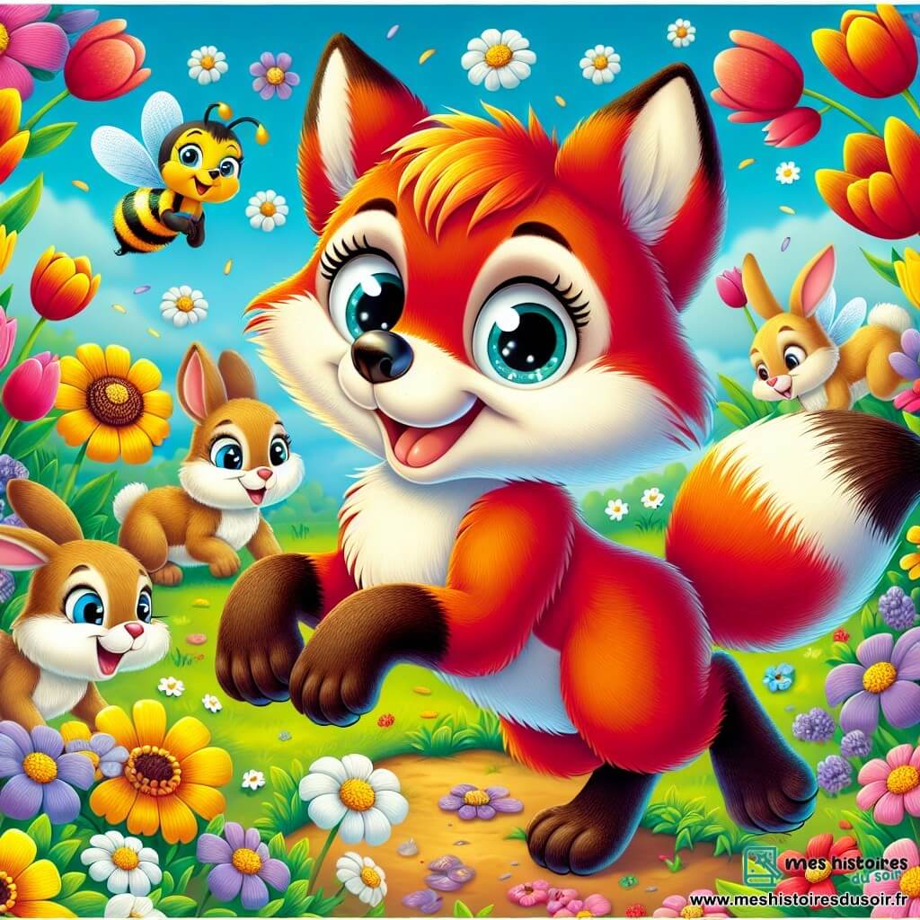 Un jeune renard nommé Rouxy, avec un pelage roux éclatant et des yeux curieux, saute joyeusement dans un champ de fleurs colorées, souriant. À ses côtés, une abeille souriante vole autour des fleurs, butinant le nectar. En arrière-plan, des lapins aux grandes oreilles s’amusent à jouer à cache-cache parmi les tulipes et les marguerites. Le champ est vibrant de couleurs, rempli de fleurs sous un ciel bleu clair, où le soleil brille et une légère brise fait danser les pétales. Rouxy et ses amis célèbrent le printemps, entourés de rires et de joie, découvrant les merveilles de la nature.