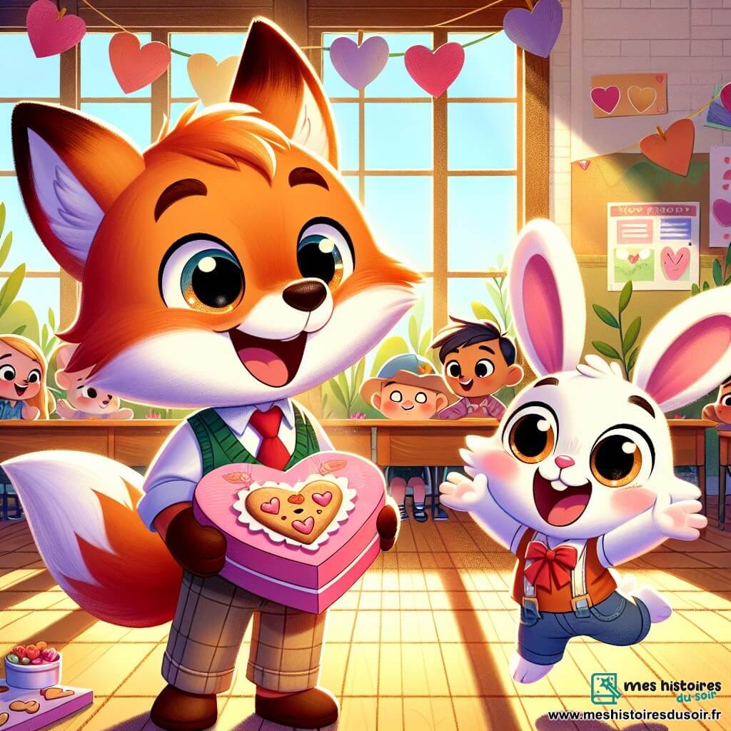 Renard, un petit renard orange avec un pelage doux et des yeux pétillants, se tient au centre, tenant une boîte de biscuits en forme de cœur et une carte colorée, souriant. À côté, Lapin, un adorable lapin blanc aux grandes oreilles, saute de joie, émerveillé par la surprise de son ami. En arrière-plan, une salle de classe chaleureuse est décorée de cœurs en papier et de guirlandes colorées, baignée de lumière. Renard offre sa surprise à Lapin, entouré de camarades de classe admiratifs, créant une ambiance joyeuse pour célébrer la Saint-Valentin.