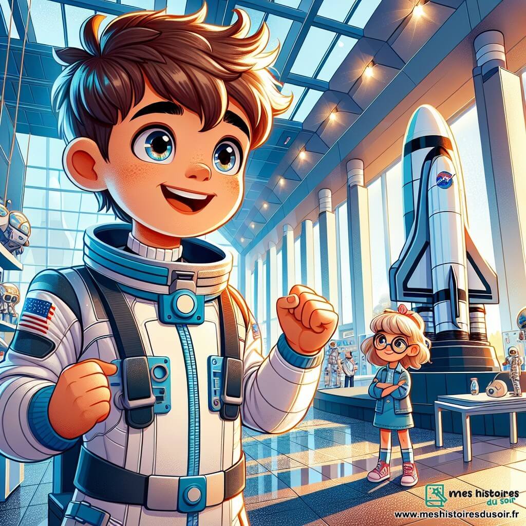 Maxime, un garçon de 10 ans aux cheveux bruns en bataille et aux yeux curieux, porte une combinaison d'astronaute blanche et bleue. Il sourit, les bras levés, prêt à s'envoler vers les étoiles. À ses côtés, Lina, une fille de 9 ans avec des cheveux blonds et des lunettes rondes, l'observe avec admiration, prête à poser des questions sur l'espace. La scène se déroule dans un centre d'entraînement futuriste aux murs argentés, décoré de maquettes de fusées et de posters de planètes, avec un télescope géant dans un coin. Maxime et Lina se tiennent devant un simulateur de vol, où Maxime s'apprête à commencer son entraînement d'astronaute, rêvant de voyages interstellaires et de découvertes.