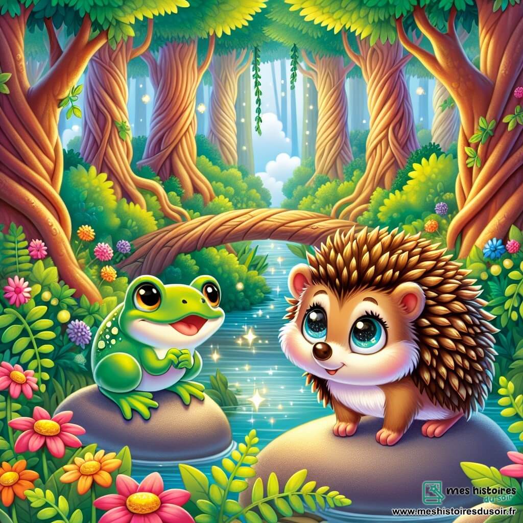 Un petit hérisson nommé Noisette, avec des piquants dorés et un visage curieux, se tient au centre de la scène, ses yeux pétillants d'excitation. À ses côtés, la grenouille Rubis, verte et espiègle, saute joyeusement sur une pierre. En arrière-plan, la forêt enchantée s'étend avec de grands arbres et des fleurs colorées, tandis qu'un ruisseau scintillant serpente entre les fougères. Noisette et Rubis se préparent à traverser le pont des illusions, un pont flottant fait de brume et de lumière, dans une atmosphère d'aventure et de courage.