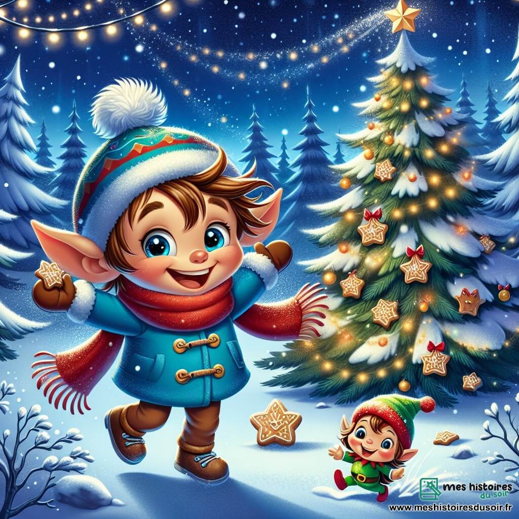 Un petit garçon de 5 ans, Lucas, avec des cheveux châtains en bataille et des yeux pétillants, porte un manteau bleu vif, une écharpe rouge et des gants. Il saute dans la neige, souriant, avec un biscuit décoré dans sa main. À ses côtés, Pipo, un elfe des neiges aux oreilles pointues et au chapeau vert, danse joyeusement autour de lui. La scène se déroule dans une forêt enchantée, avec de grands arbres recouverts de neige scintillante. Des flocons tombent doucement, et un sapin décoré de biscuits brille au centre de la clairière. Lucas et Pipo décorent le sapin ensemble, remplis de joie, tandis que la magie de Noël illumine la nuit.