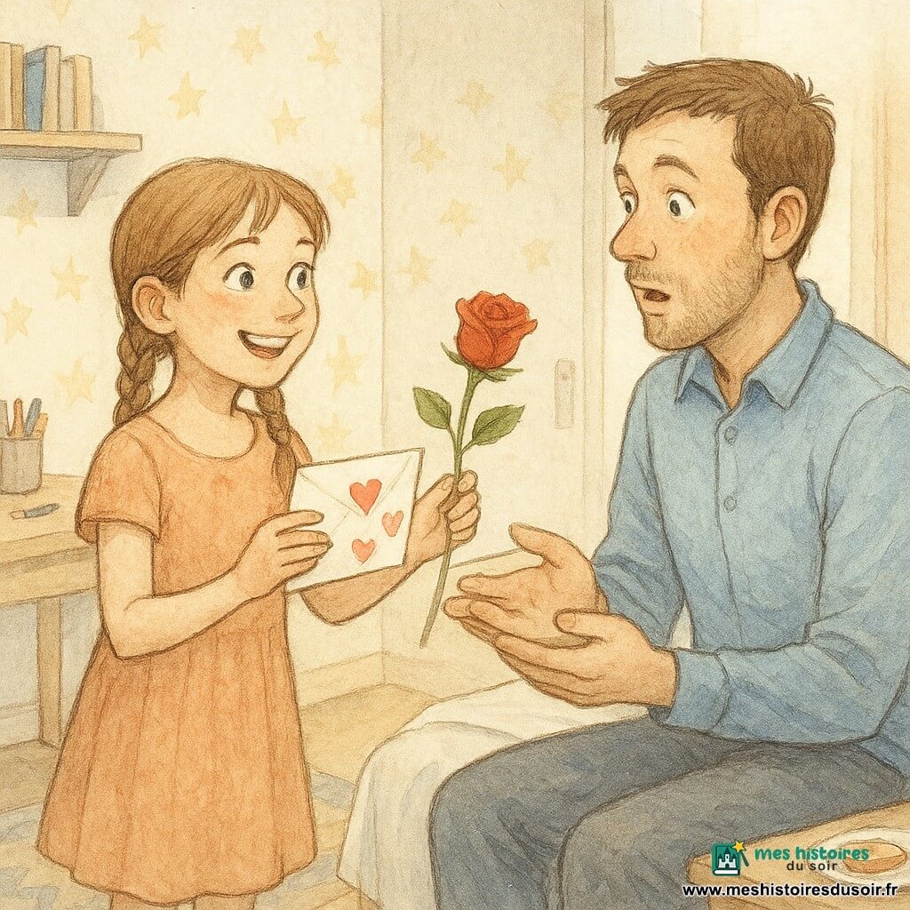 Fille de 10 ans aux tresses châtain clair, joyeuse et émotive, tend à son père assis au bord du lit une enveloppe décorée et une rose rouge ; le père, la trentaine, visage doux et barbe naissante, est surpris et attendri ; la mère est absente mais suggérée par une assiette de petit-déjeuner près de la porte ; la chambre lumineuse a un papier peint étoilé pâle, un bureau en bois clair avec des crayons, une petite étagère de livres, un tapis moelleux ; sur le lit un vase en verre avec une rose et l'enveloppe à côté ; scène intime et chaleureuse centrée sur les deux personnages, rendue avec textures au crayon et lavis d'aquarelle pour les ombres et la lumière du matin.