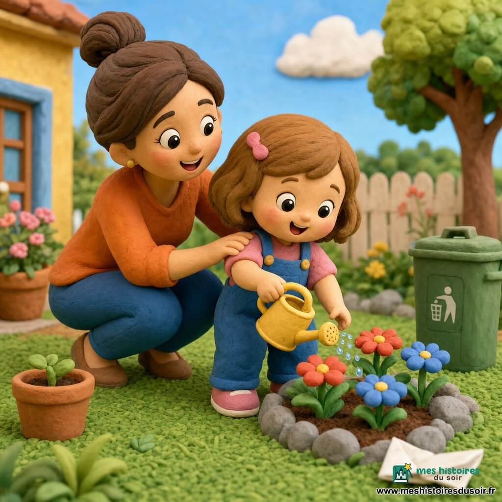 Fille de 2 ans joyeuse et concentrée, cheveux courts châtain clair, yeux ronds brillants, joues rosées, tenant un petit arrosoir jaune et versant goutte à goutte sur des fleurs rouges et bleues; la maman d'environ 30 ans, souriante et bienveillante, cheveux en chignon, debout derrière à gauche la main sur son épaule, la regarde avec fierté; jardin lumineux avec pelouse verte, parterre de fleurs colorées, petit pot en terre, poubelle verte à droite et morceau de papier plié près des fleurs; scène simple et centrée sur les deux personnages, atmosphère douce, couleurs vives et formes rondes.