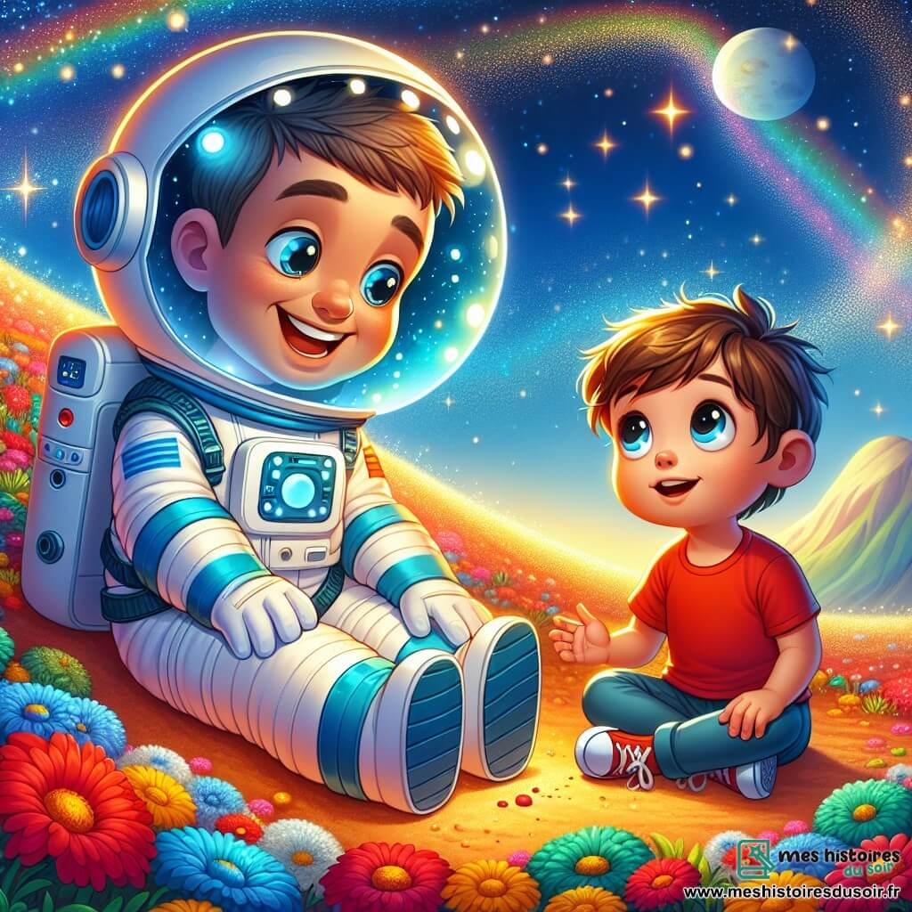 Un astronaute nommé Lucas flotte joyeusement dans l'air, vêtu d'une combinaison spatiale blanche avec des touches de bleu. Son casque brillant reflète les couleurs vives de la planète. Il a des yeux curieux et un grand sourire, touchant le sol coloré. À côté de lui, un garçon de 8 ans, Tom, avec des cheveux bruns en bataille et des yeux émerveillés, l'admire. Il porte un t-shirt rouge et un short, assis sur une pierre douce, écoutant attentivement Lucas. Ils se trouvent sur une planète fantastique, avec un sol de fleurs éclatantes, des collines douces et un ciel bleu parsemé d'étoiles. Lucas partage ses aventures d'astronaute avec Tom, qui rêve de voyager dans l'espace, entourés par la beauté de cette nouvelle planète.